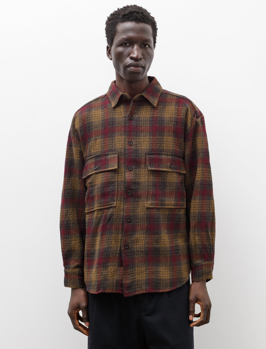 Evan Kinori Big Shirt Wool Gauze Check Dark Olive Burgundy – Neighbour