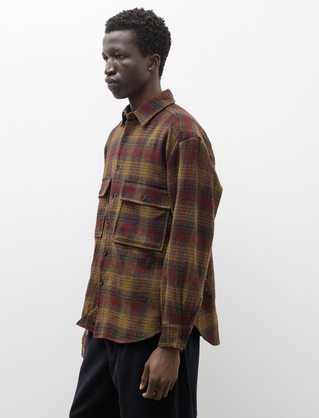 Big Shirt Wool Gauze Check Dark Olive Burgundy