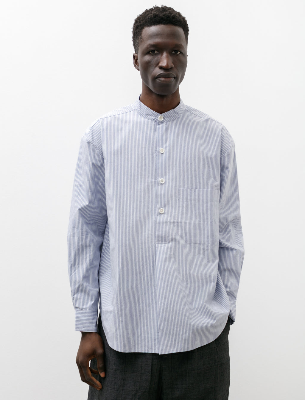 Evan Kinori Popover Shirt Organic Cotton Stripe Light Blue – Neighbour