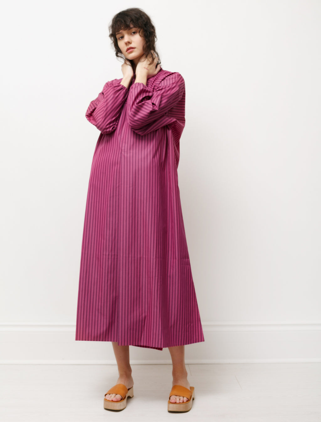 Shirt Dress with Gathered Sleeves Striped Pink