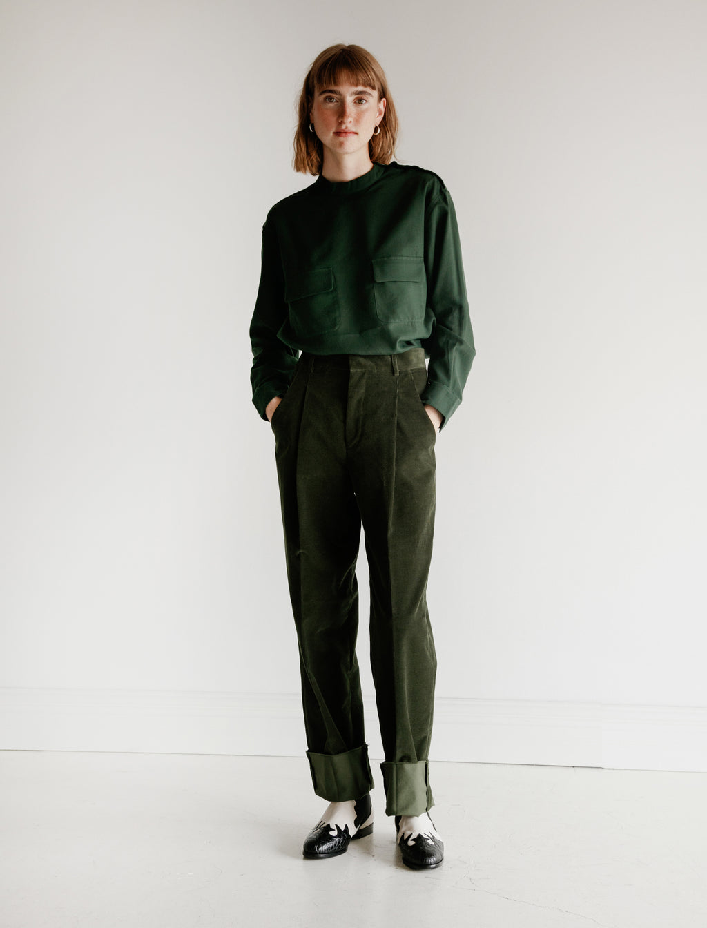 Corduroy Pleated Trousers Green
