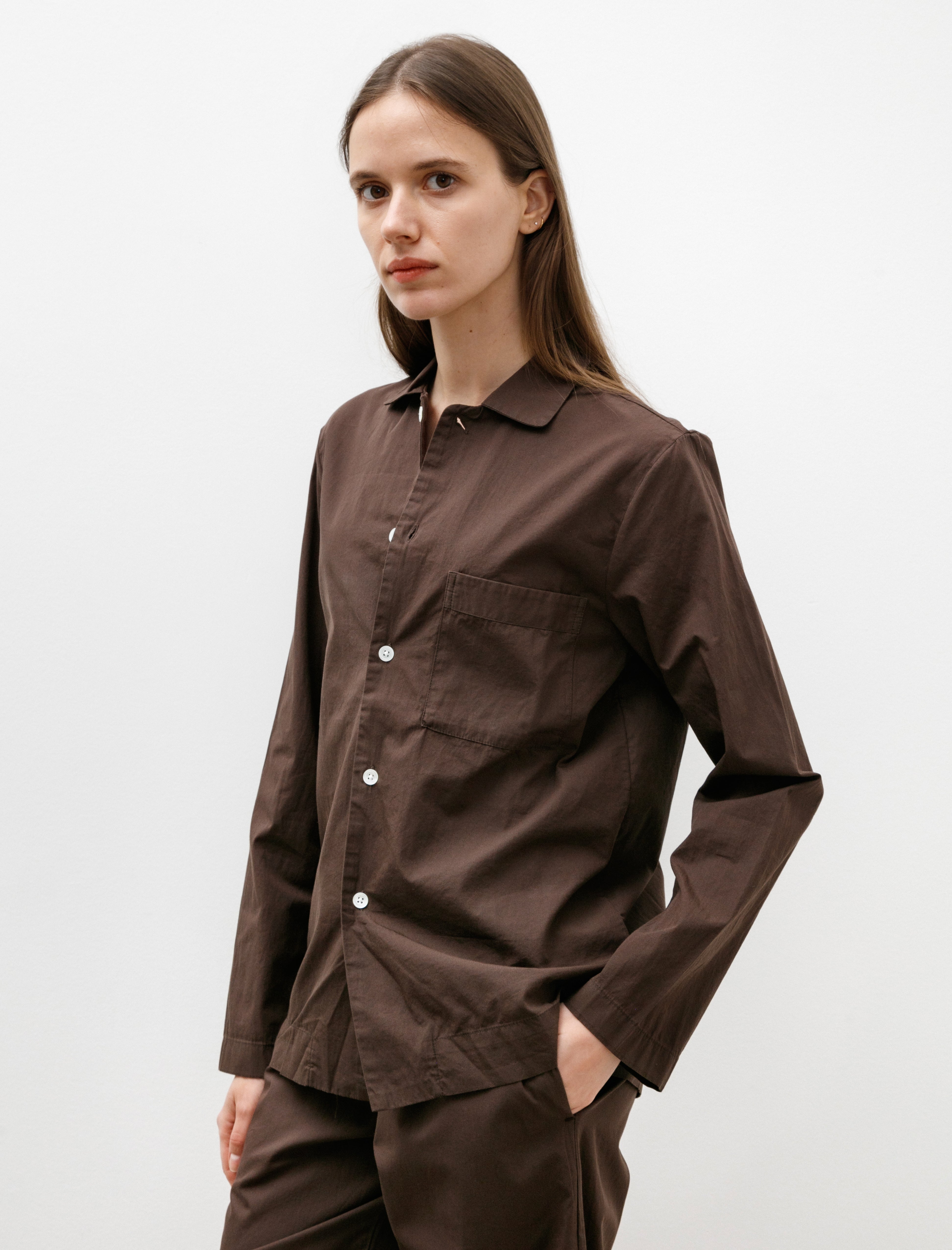 Tekla Poplin Pyjama Shirt Coffee