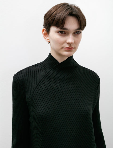 Asymmetrical Rib Knit Mockneck Black