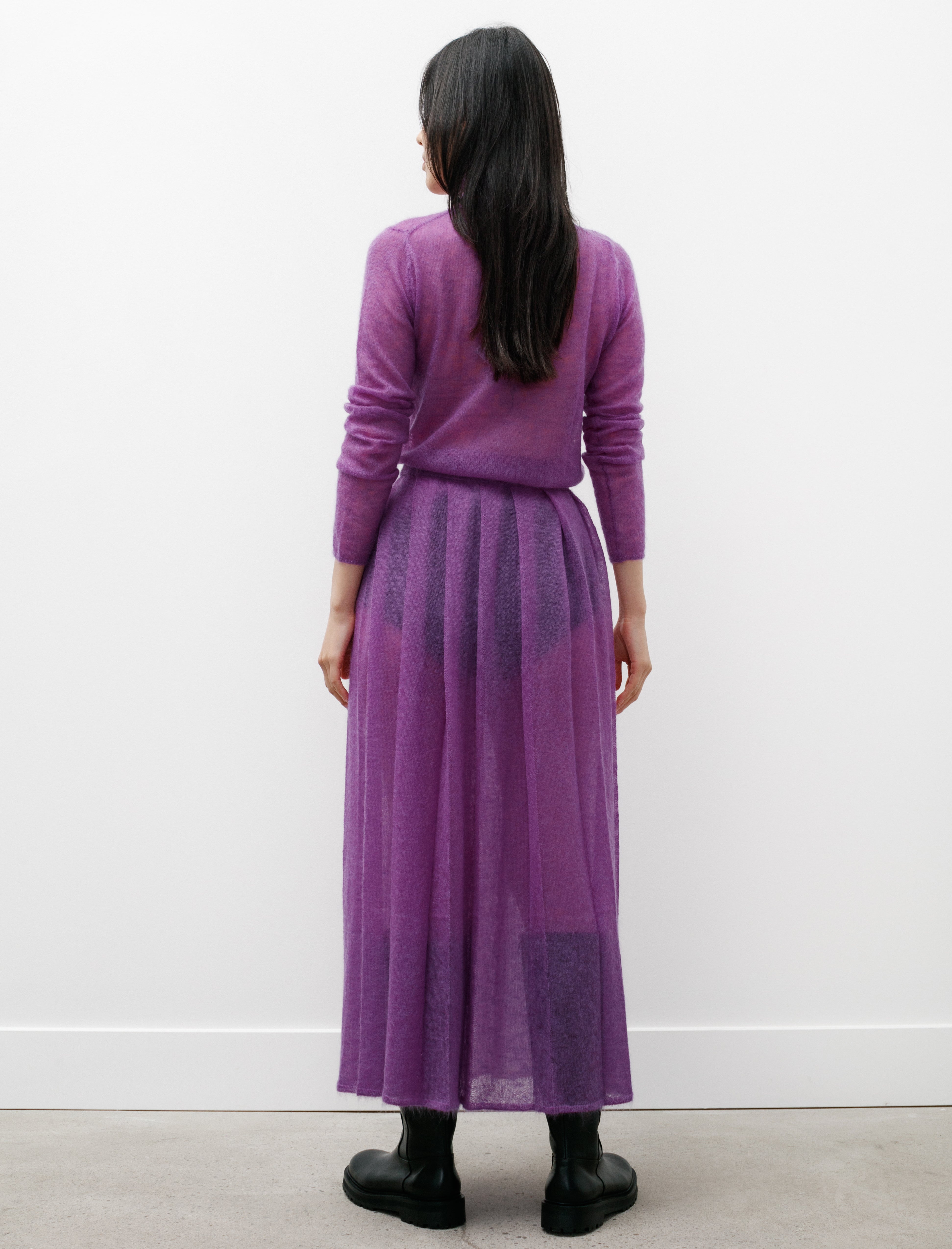 Auralee Kid Mohair Sheer Knit Pleated Skirt Purple