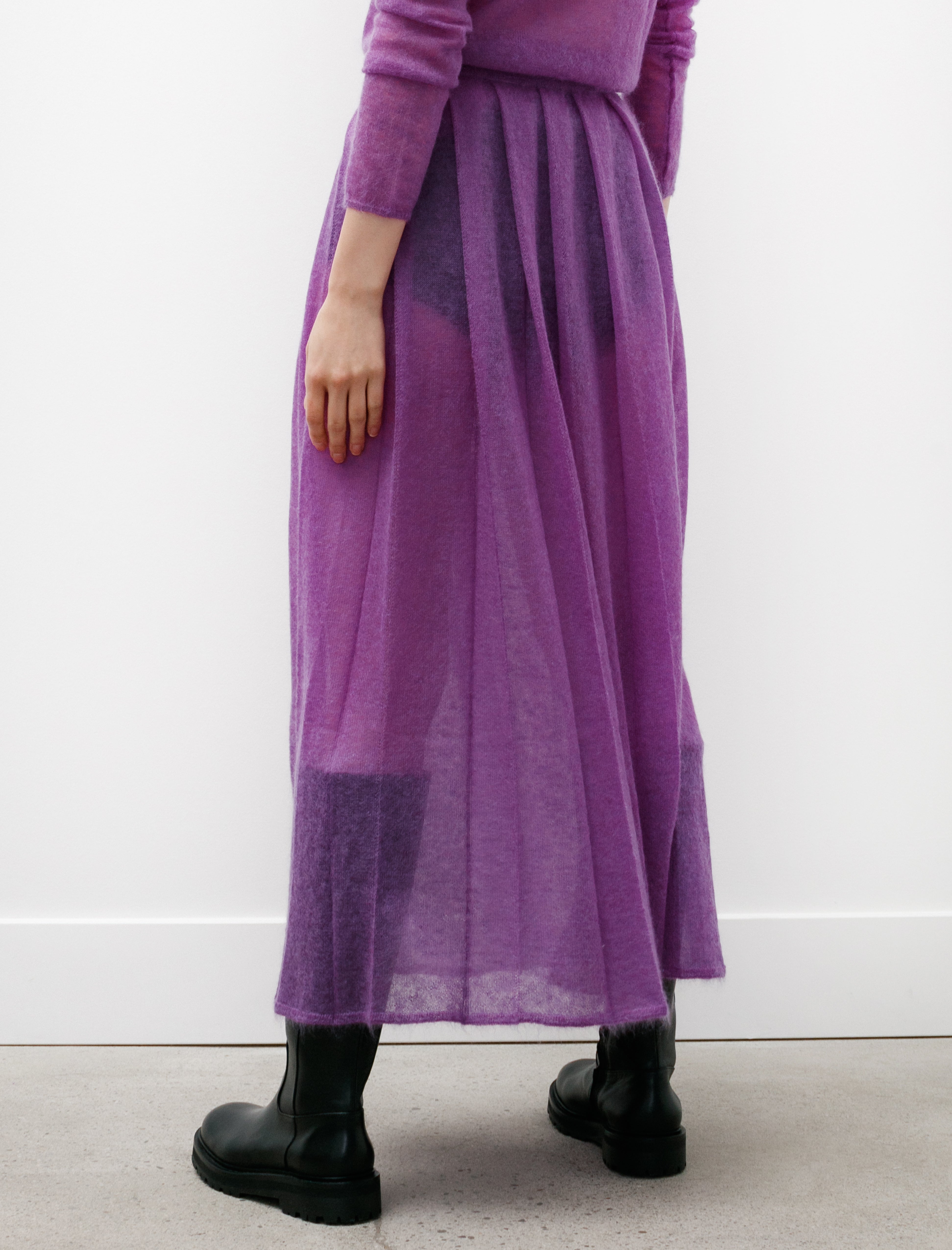 Auralee Kid Mohair Sheer Knit Pleated Skirt Purple