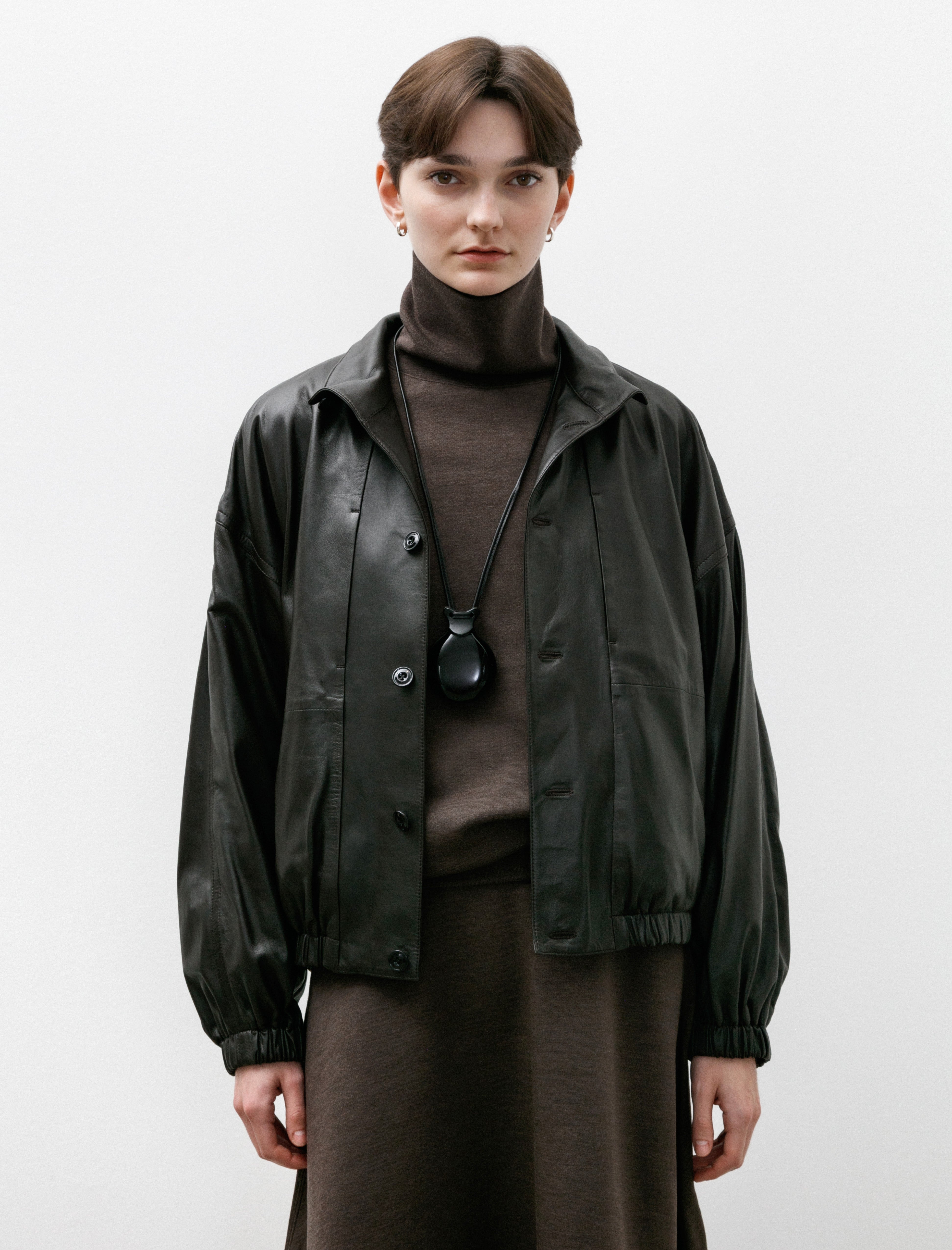 Lemaire Stand Collar Leather Blouson Dark Espresso