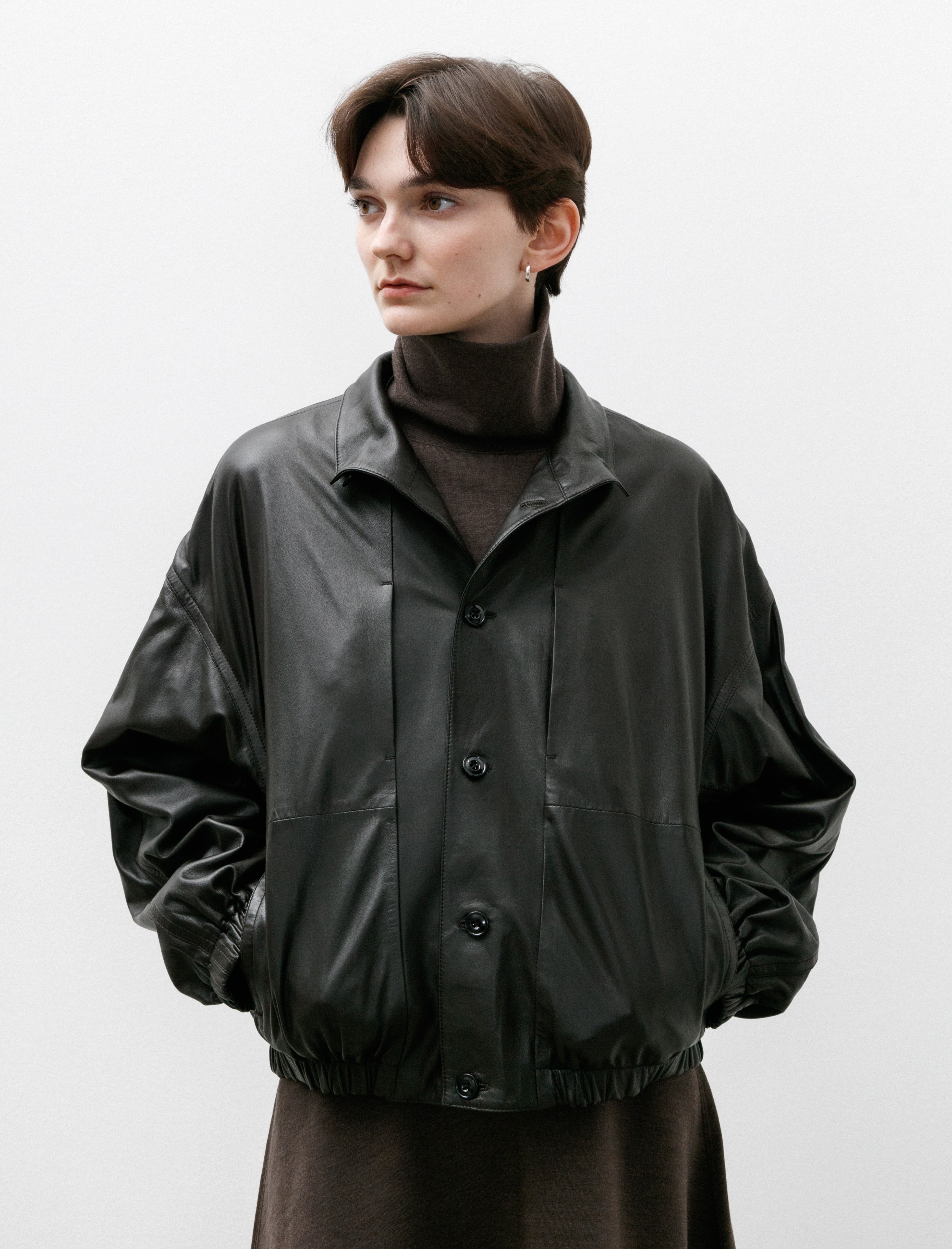 Lemaire Stand Collar Leather Blouson Dark Espresso