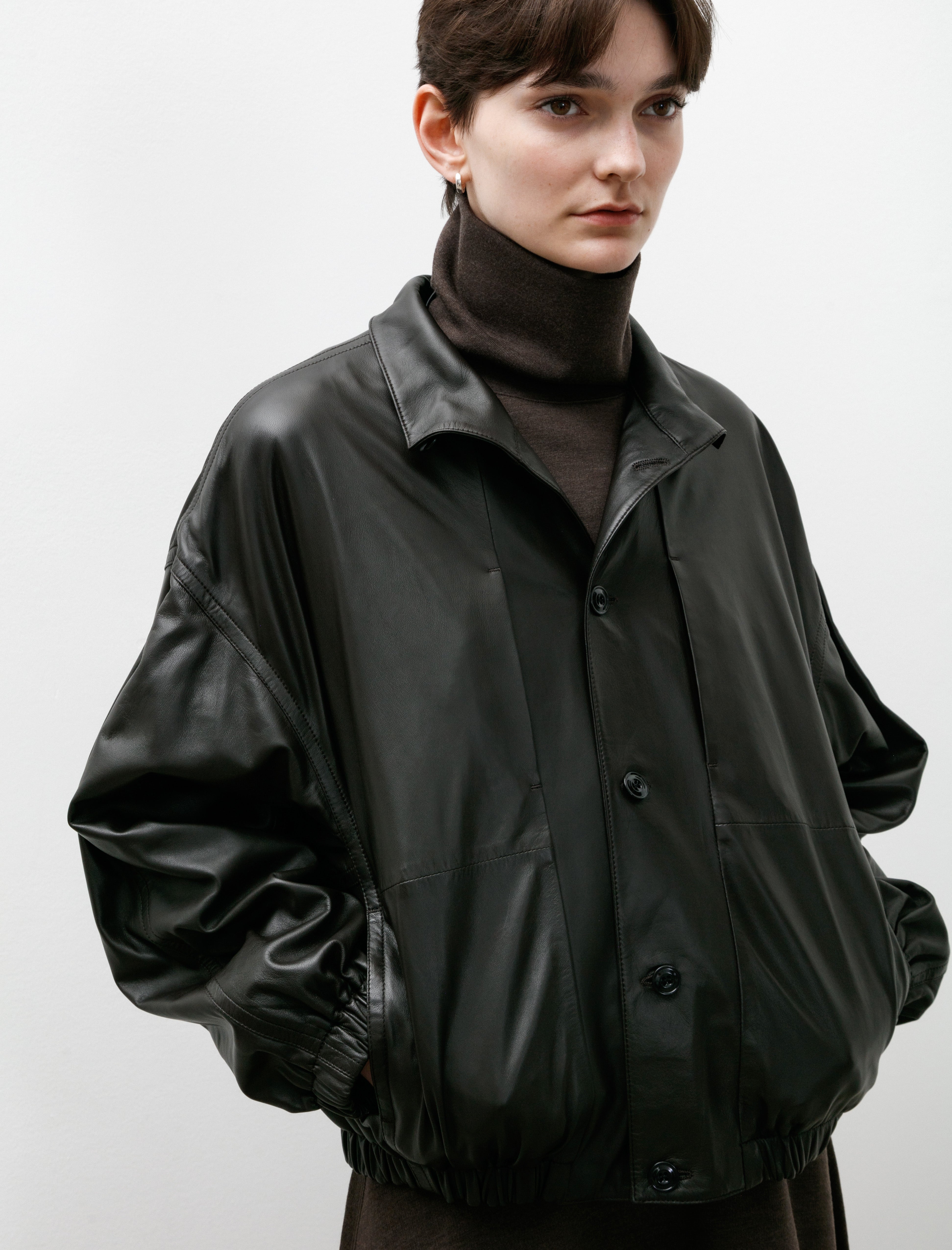 Lemaire Stand Collar Leather Blouson Dark Espresso