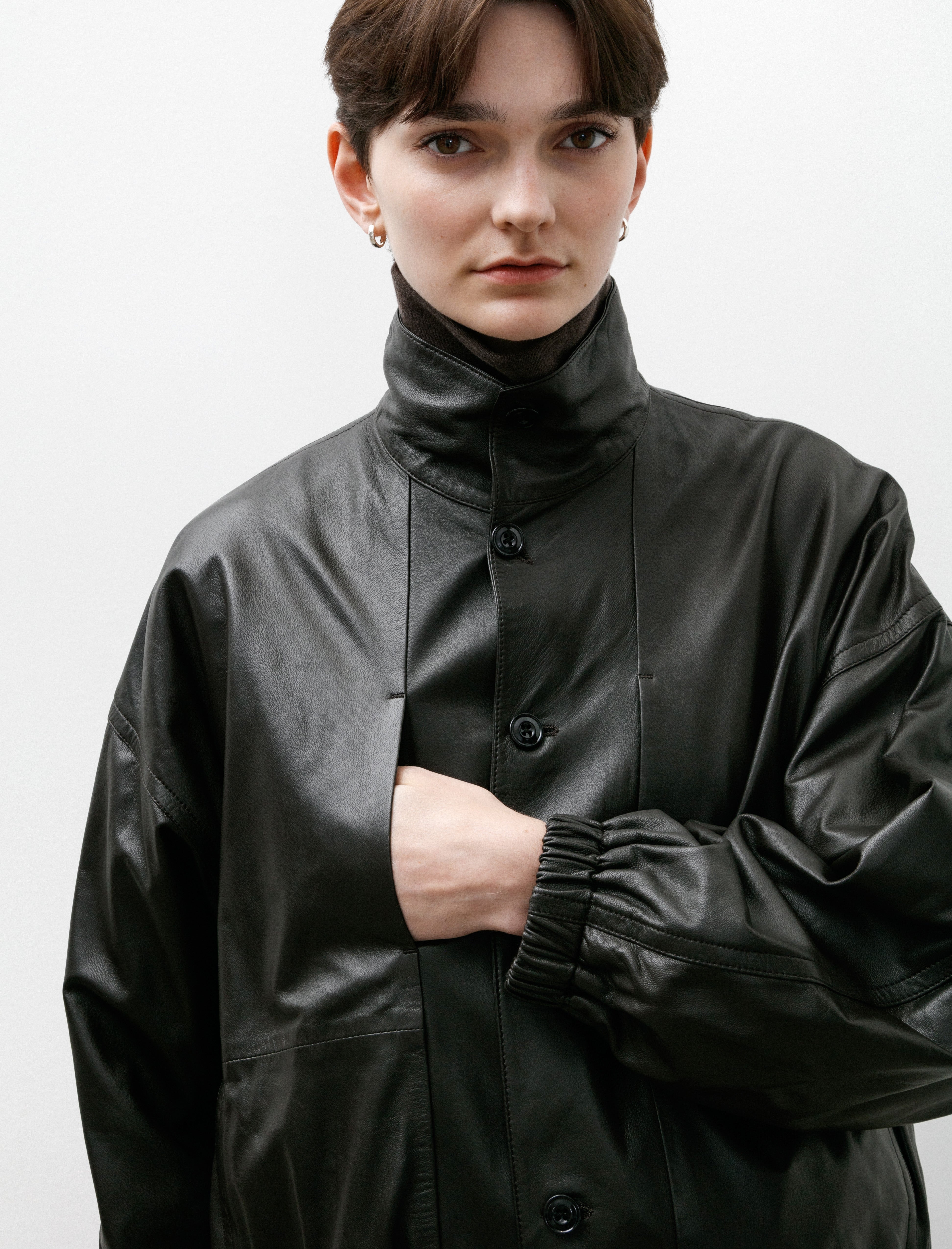 Lemaire Stand Collar Leather Blouson Dark Espresso