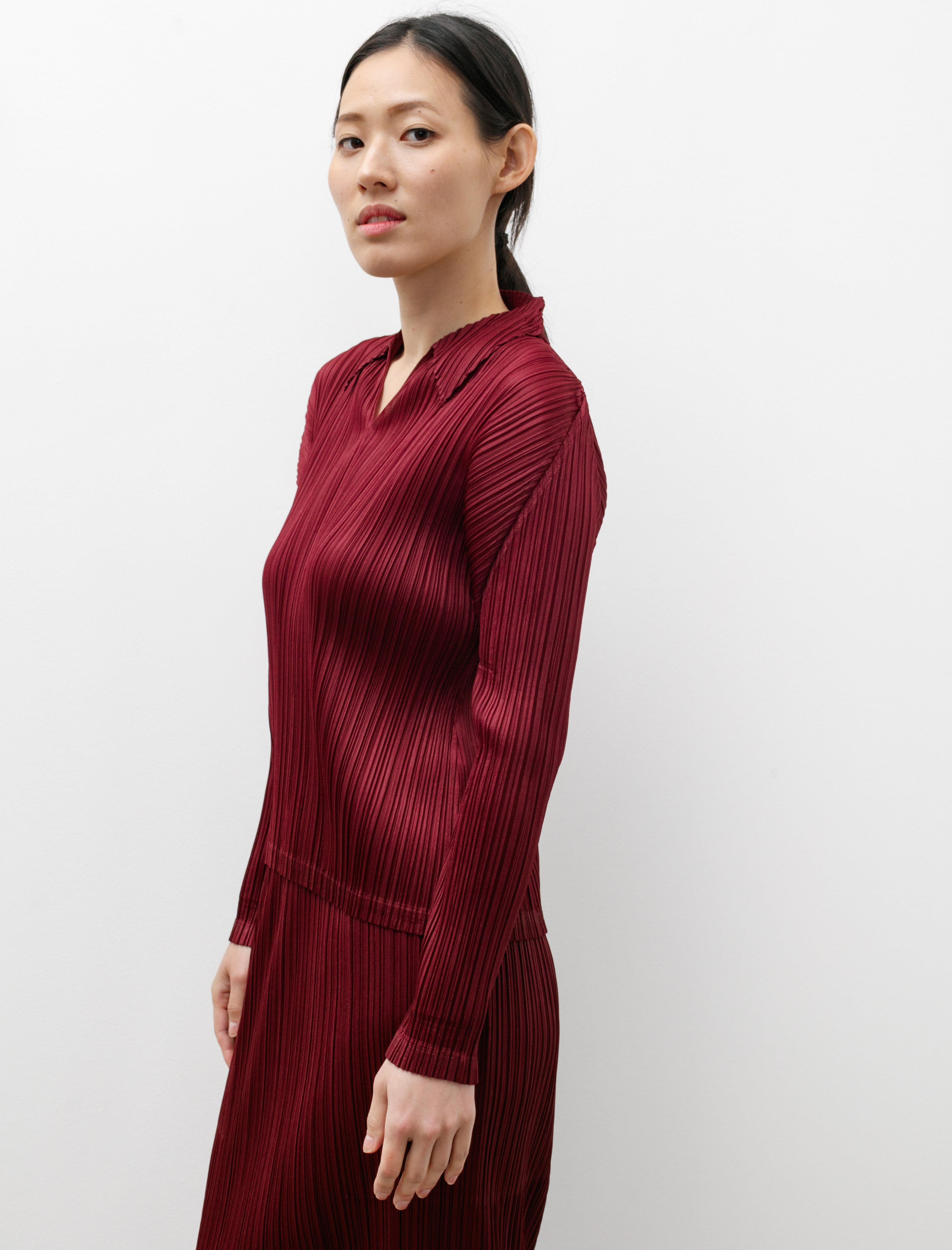 Pleats Please by Issey Miyake Polo Neck Long Sleeve Top Wine