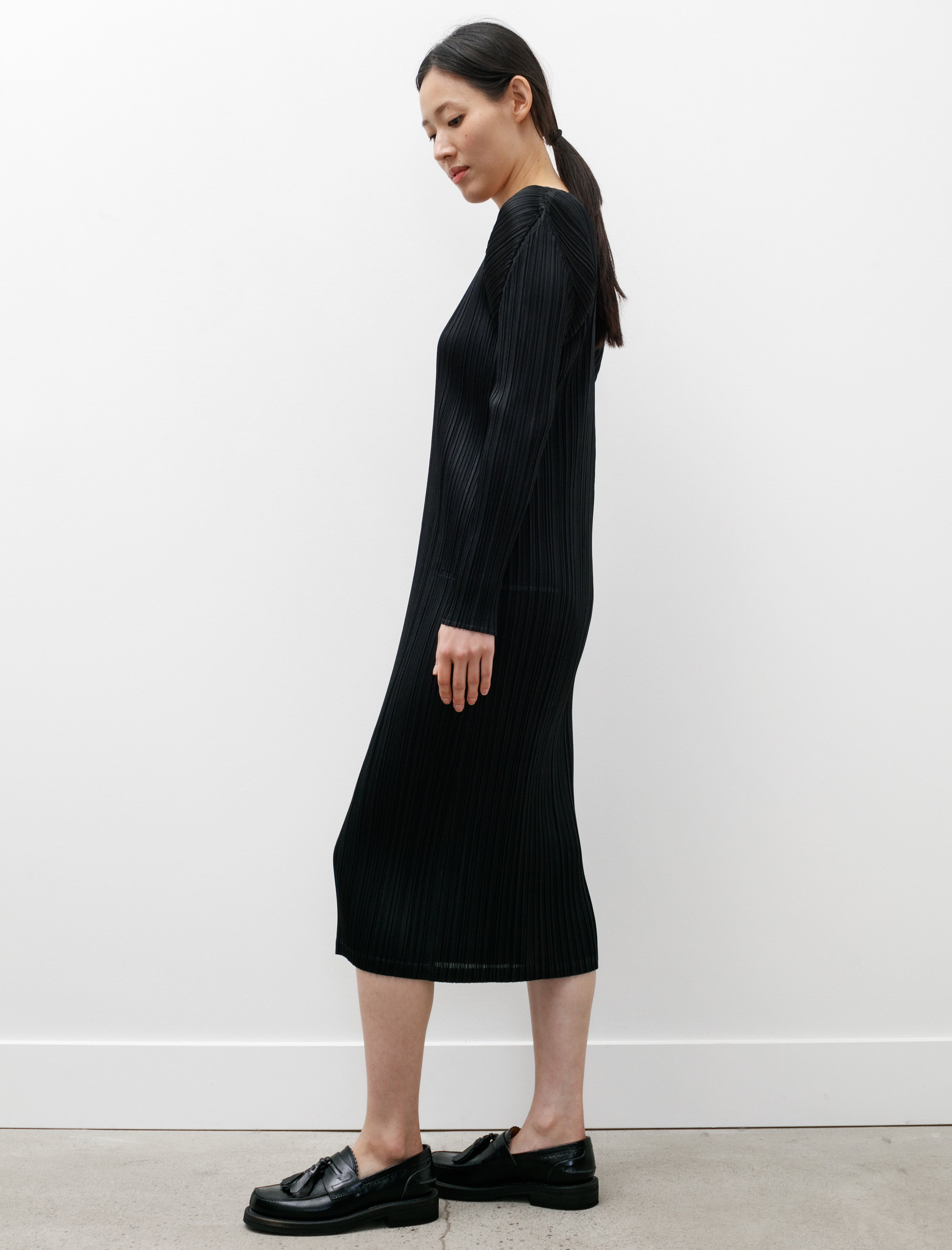 Pleats Please by Issey Miyake Long Sleeve Straight Dress Black