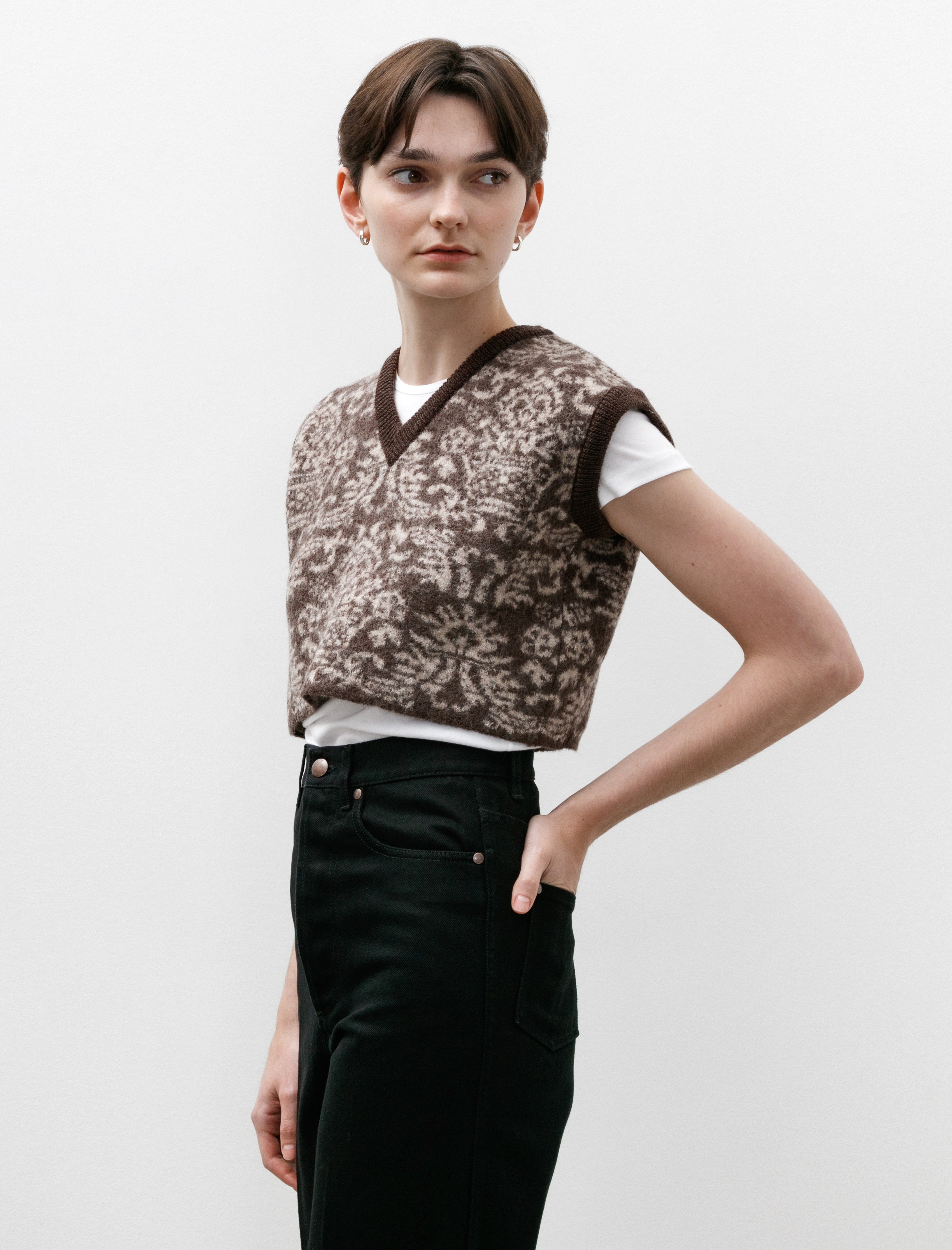 Cristaseya Felted Jacquard Cropped Gilet Mocha/Cream