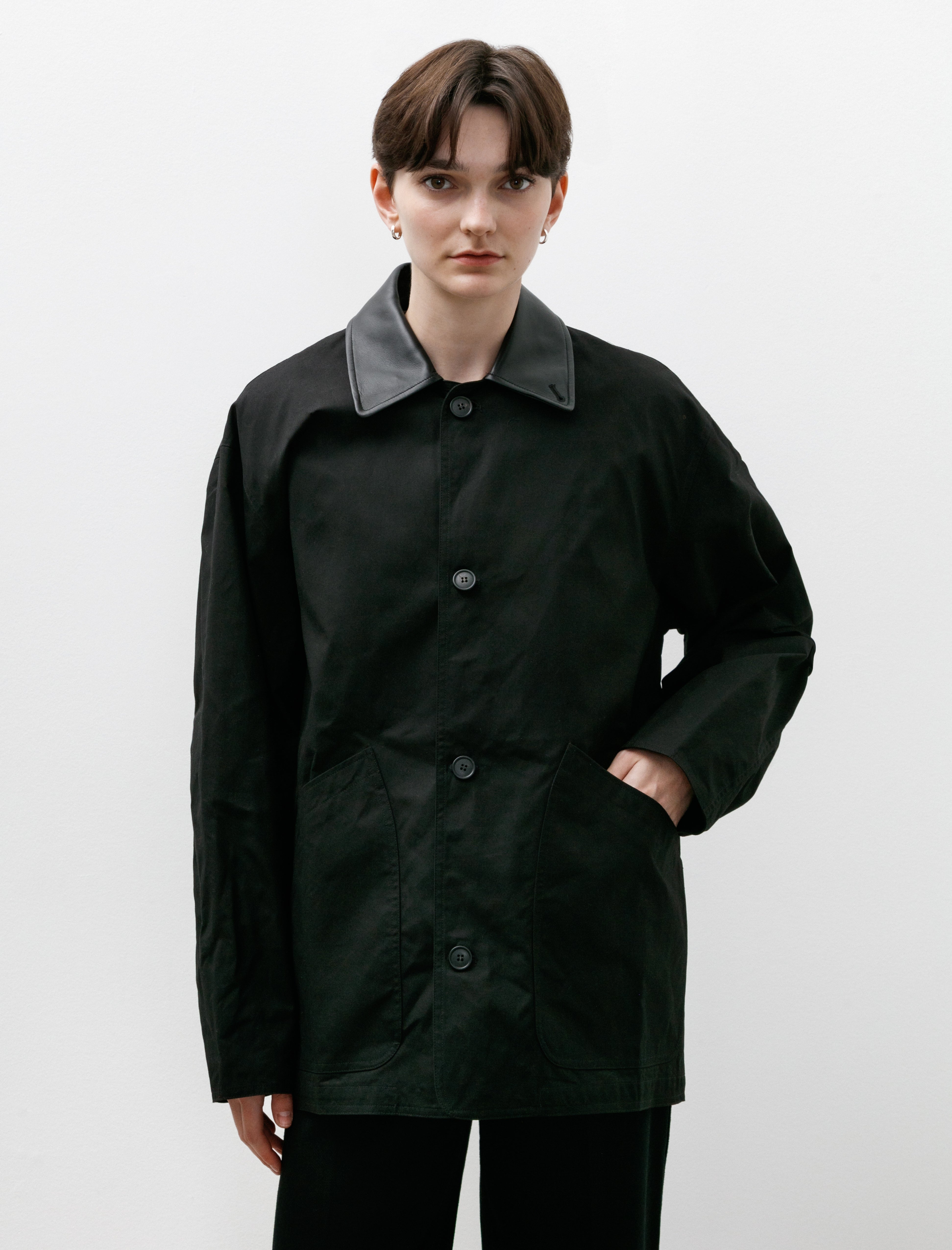 Cristaseya Oversized Water Repellant Blouson with Leather Patch Black