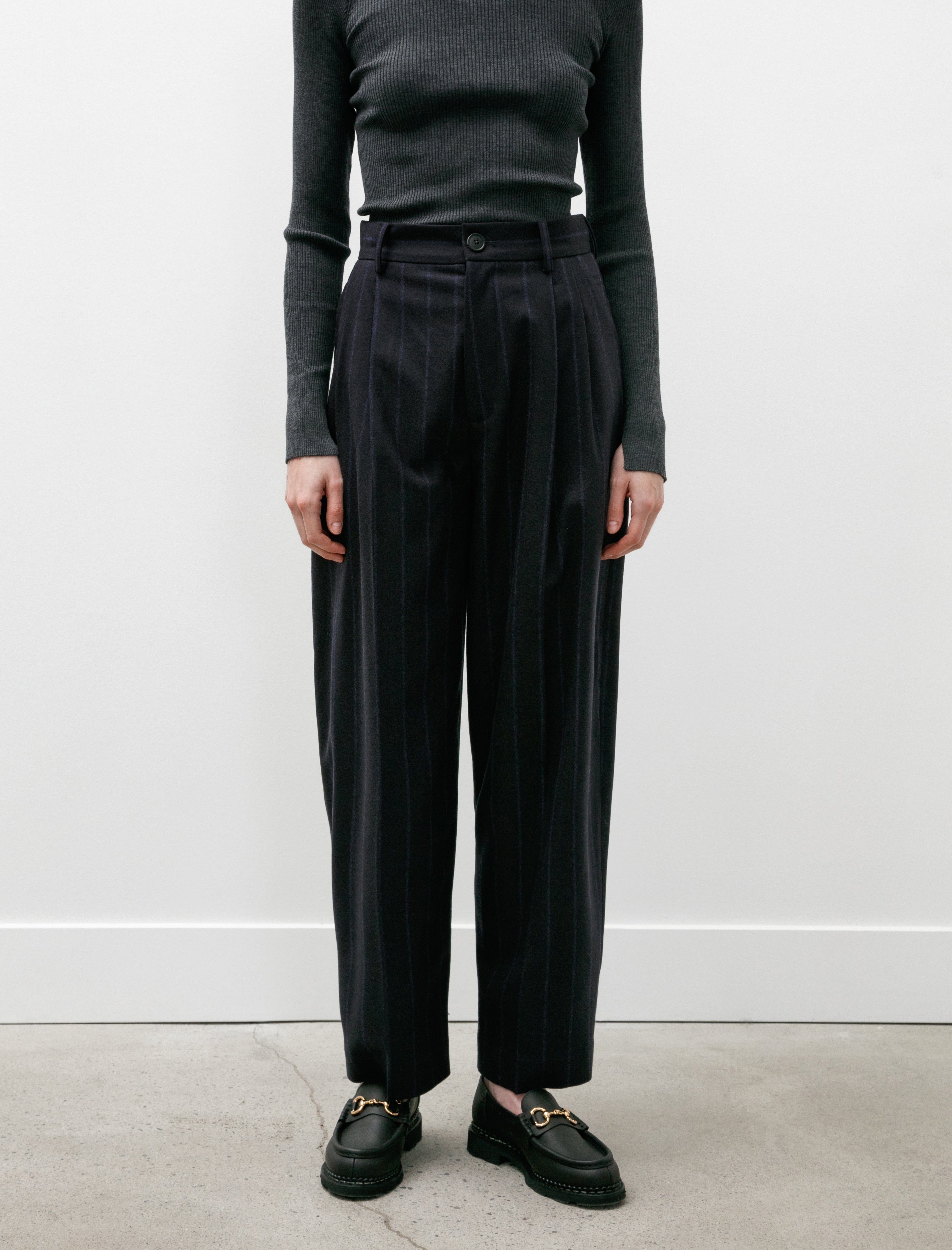 Cristaseya Double Pleated Trousers Navy Pinstripe