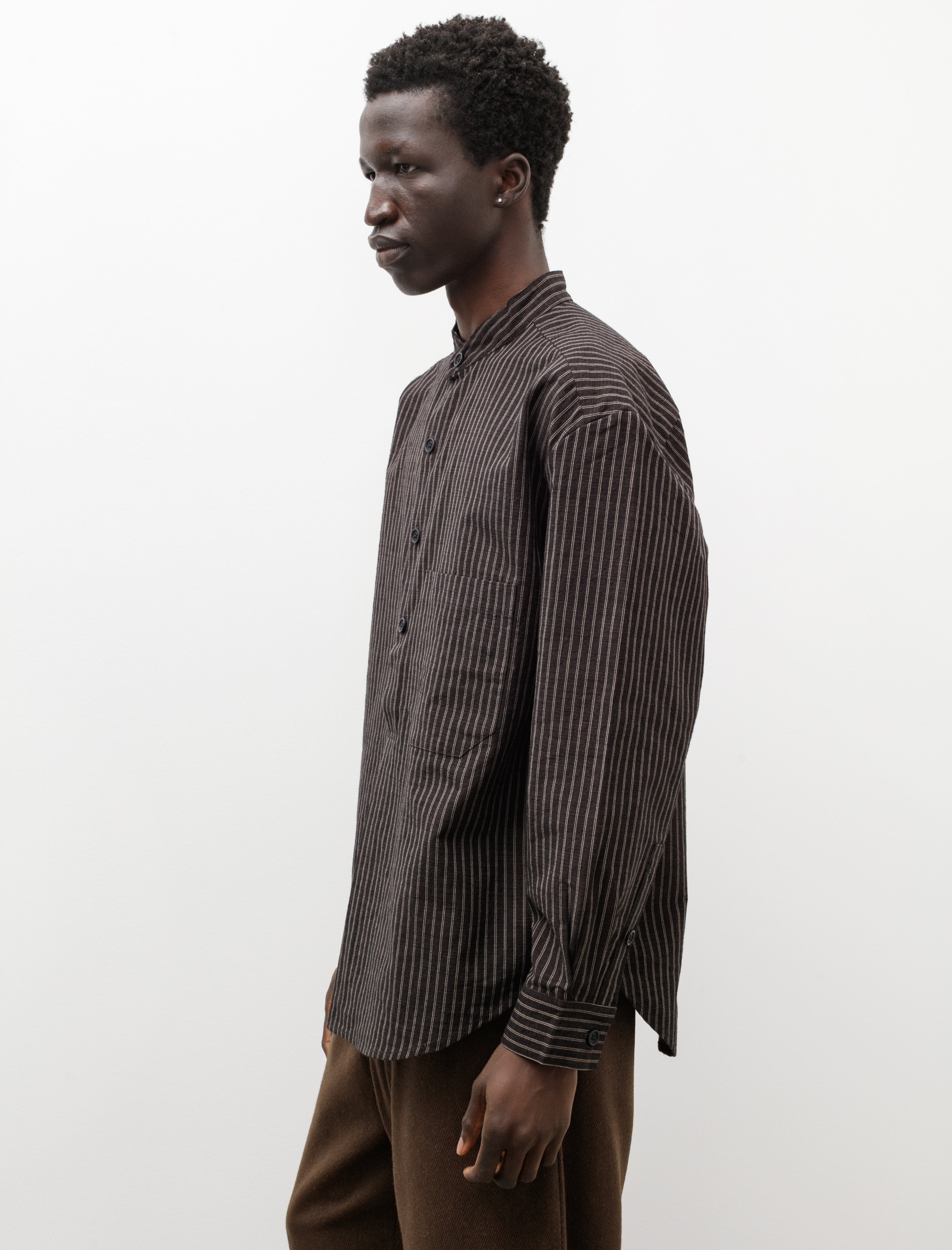 Evan Kinori Popover Shirt Double Stripe Navy Brown