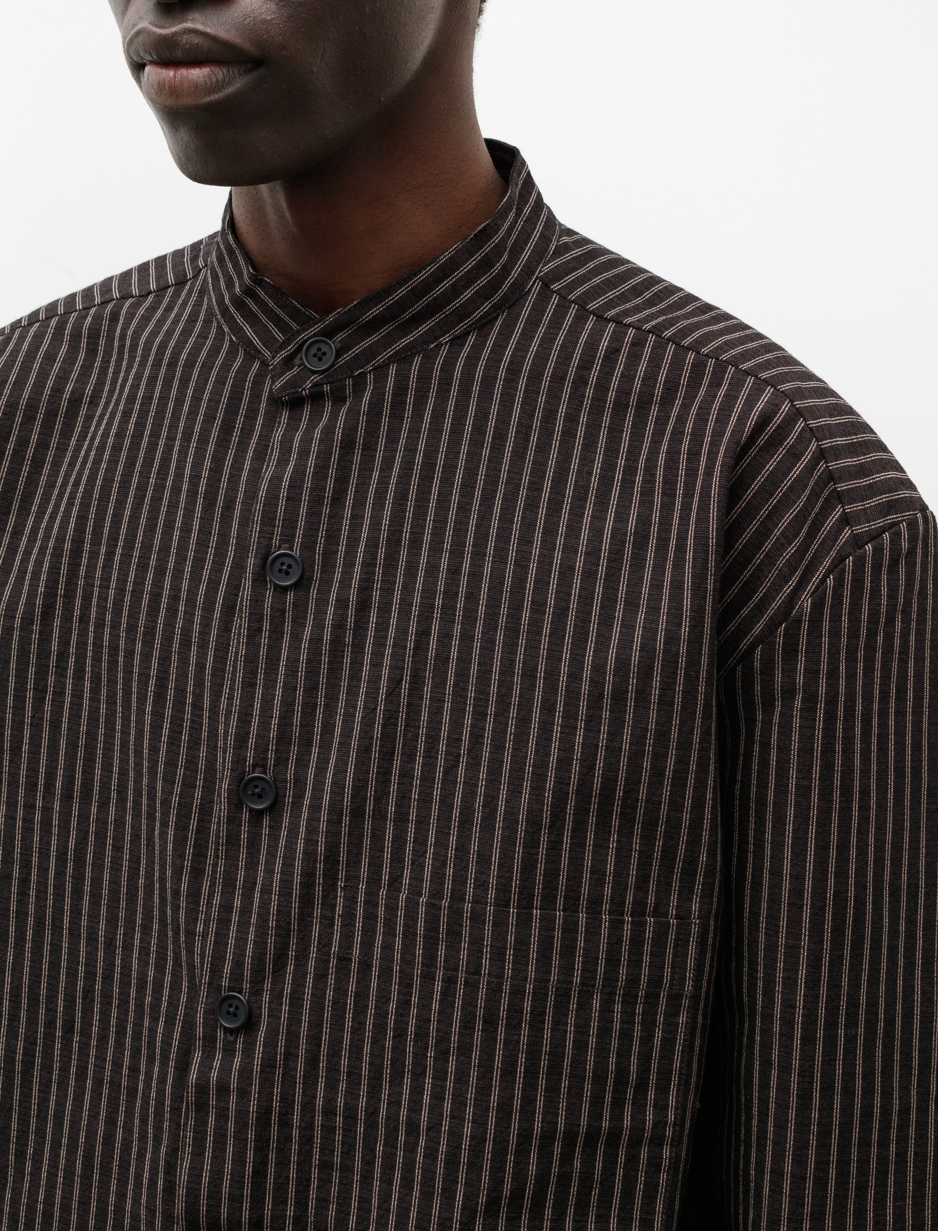 Evan Kinori Popover Shirt Double Stripe Navy Brown