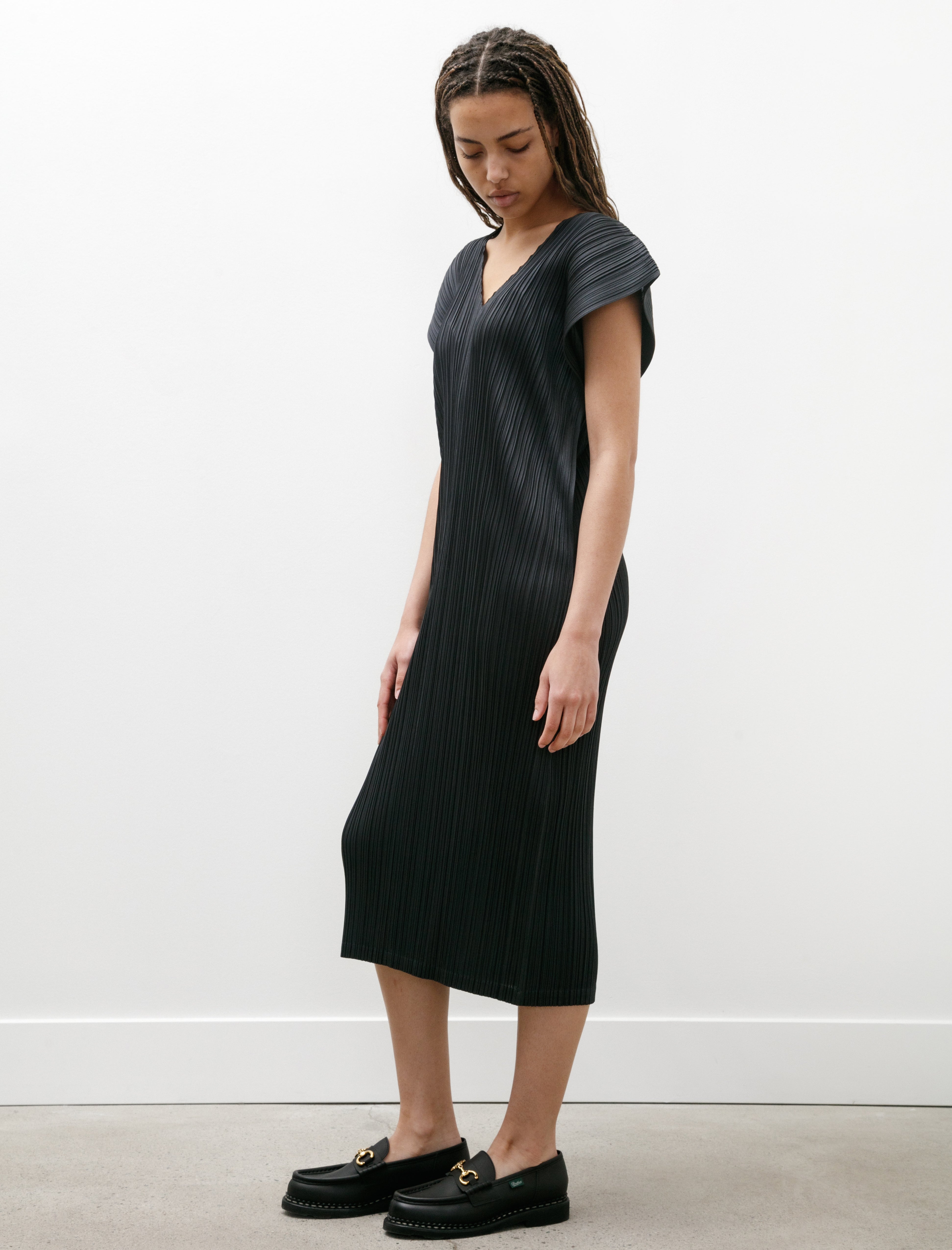 Pleats Please by Issey Miyake V Back Short Sleeve Dress Charcoal