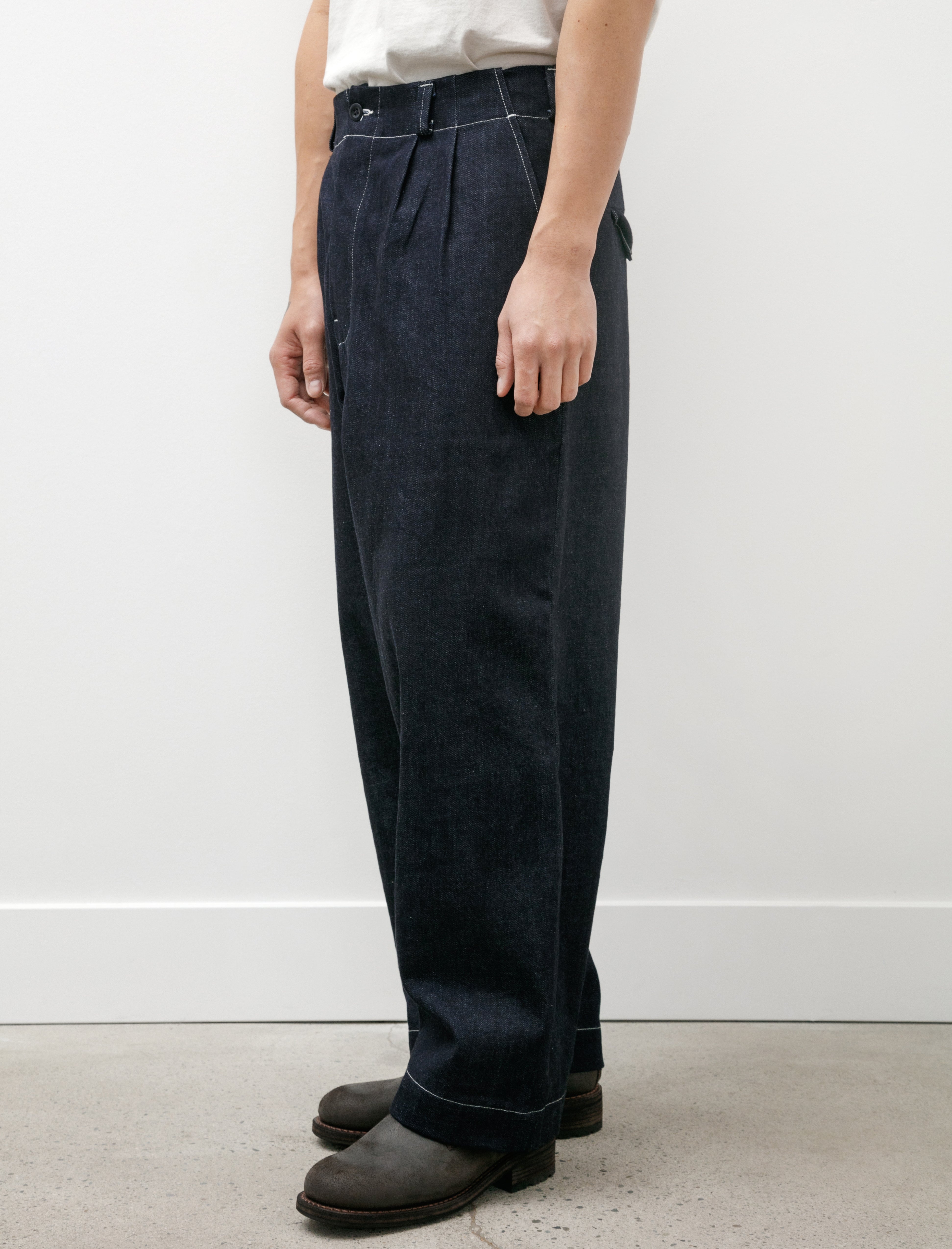 Evan Kinori Two Pleat Pant Organic Cotton Denim Indigo