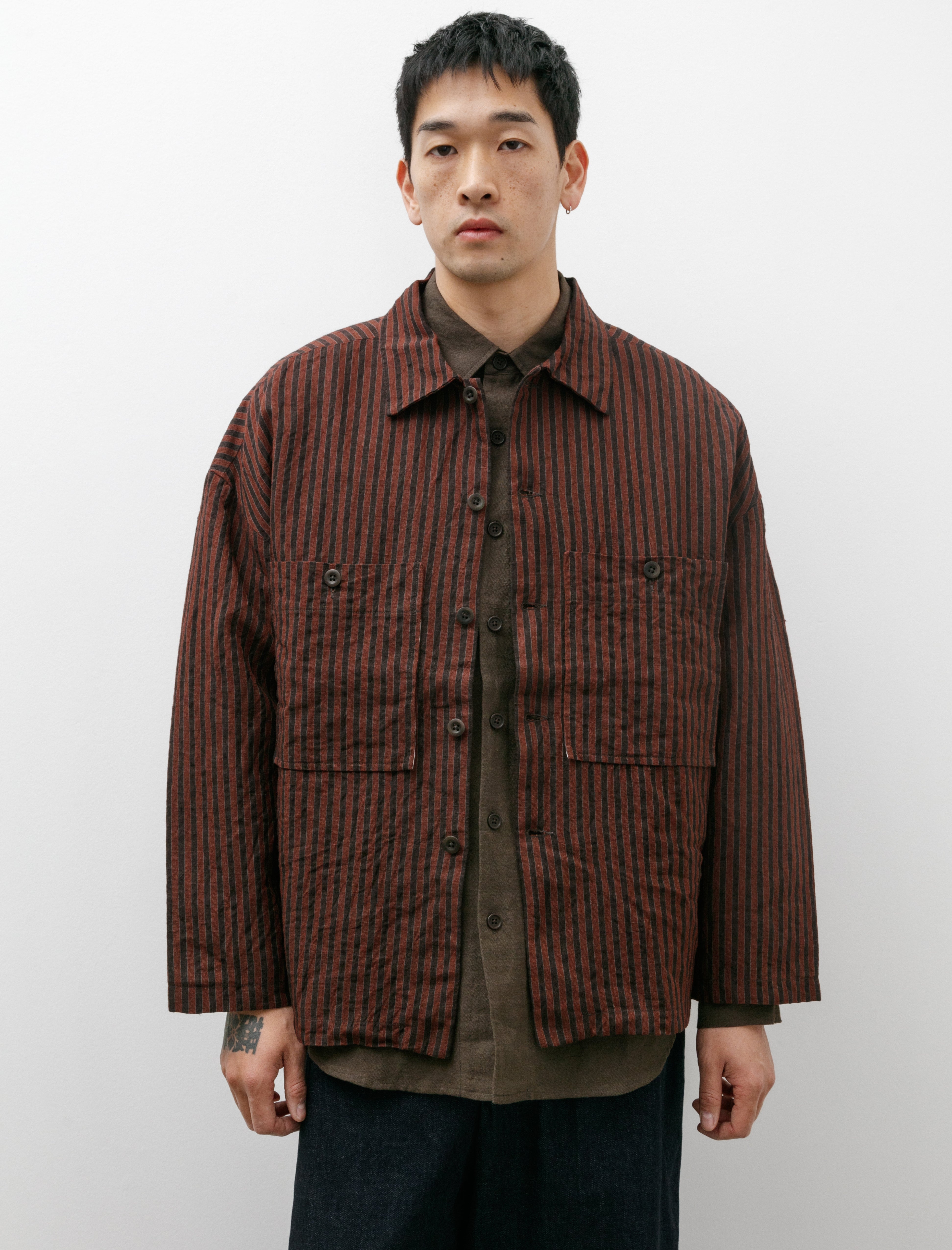 Evan Kinori Field Shirt Two Yarn Dyed Linen Stripe Navy Red