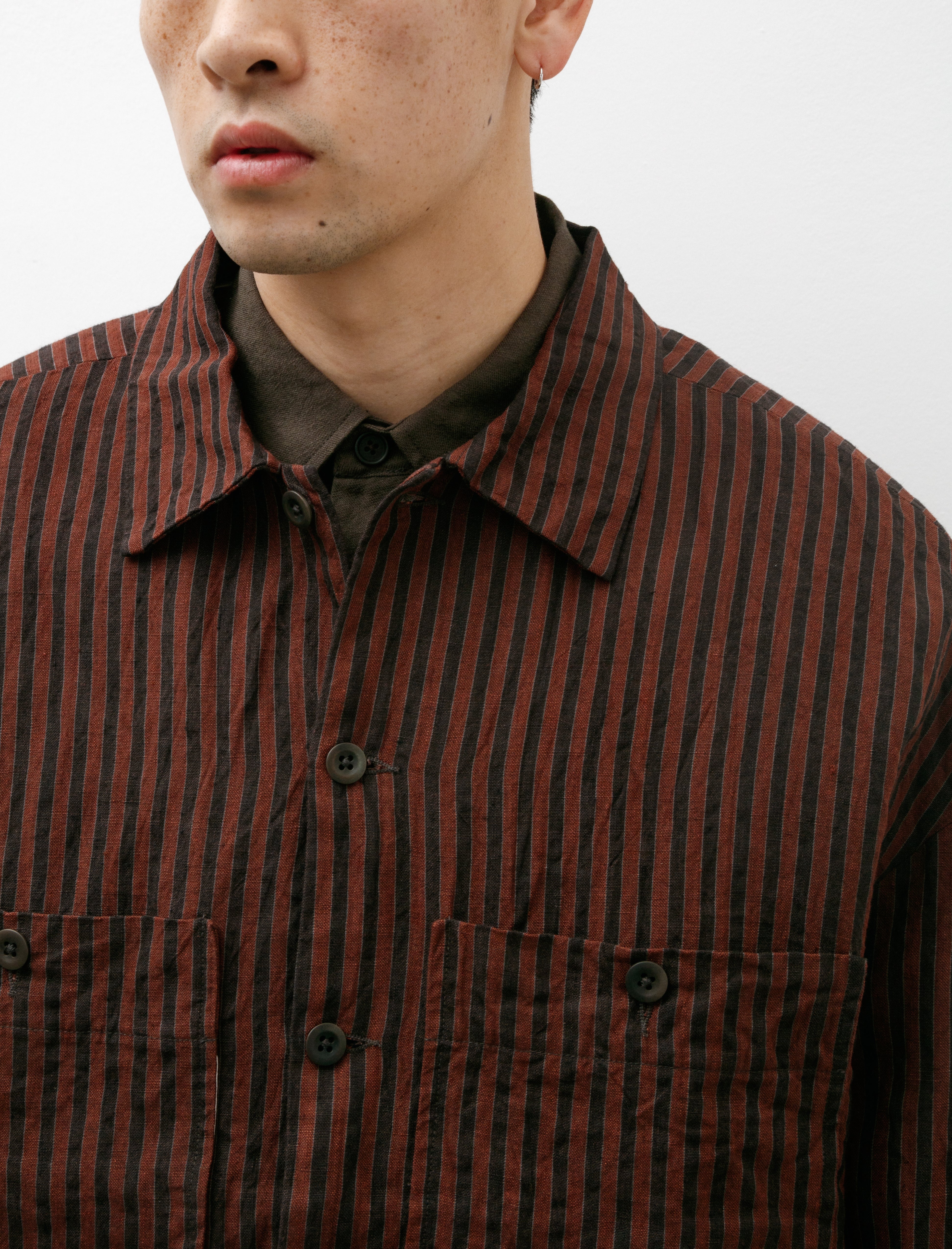 Evan Kinori Field Shirt Two Yarn Dyed Linen Stripe Navy Red