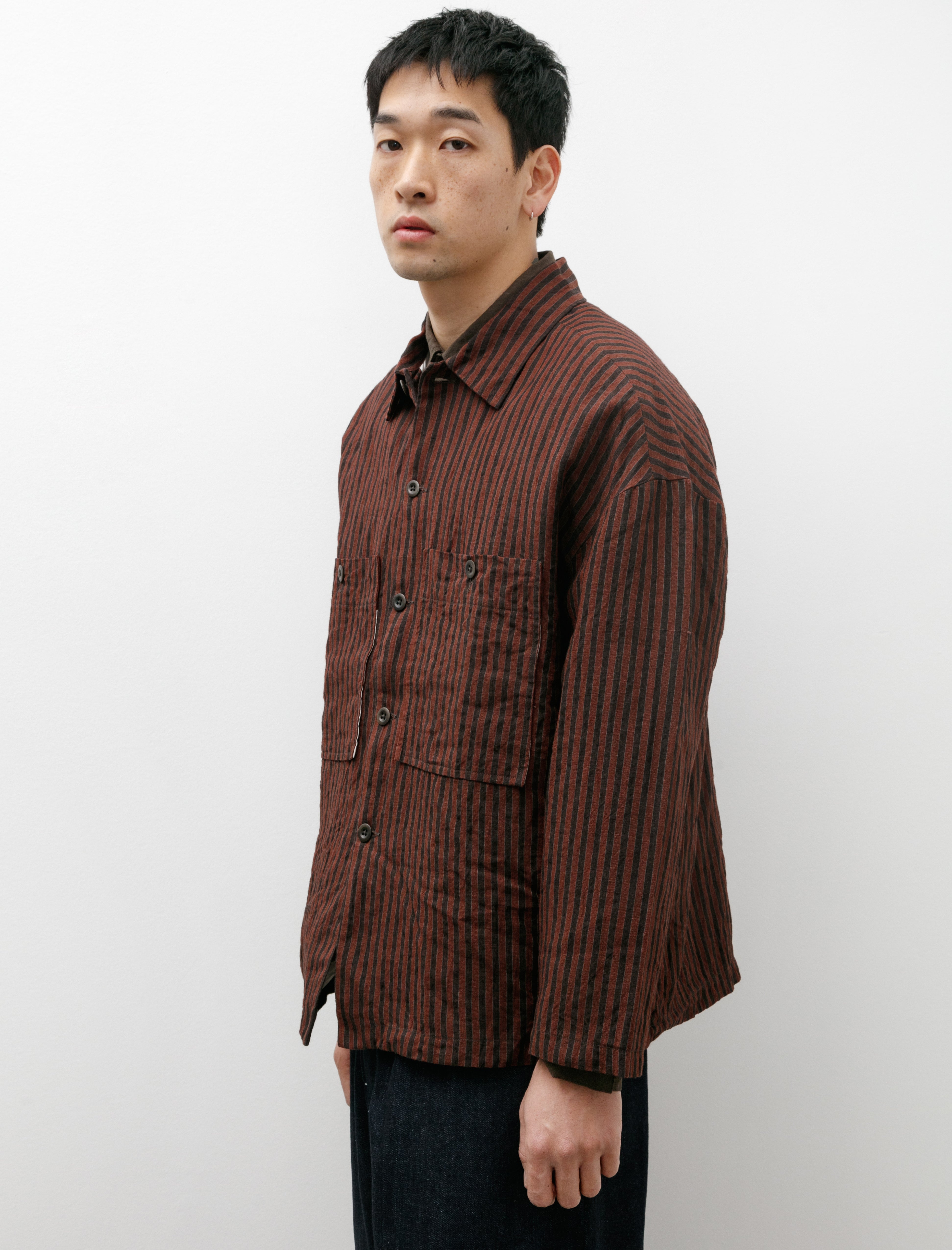 Evan Kinori Field Shirt Two Yarn Dyed Linen Stripe Navy Red