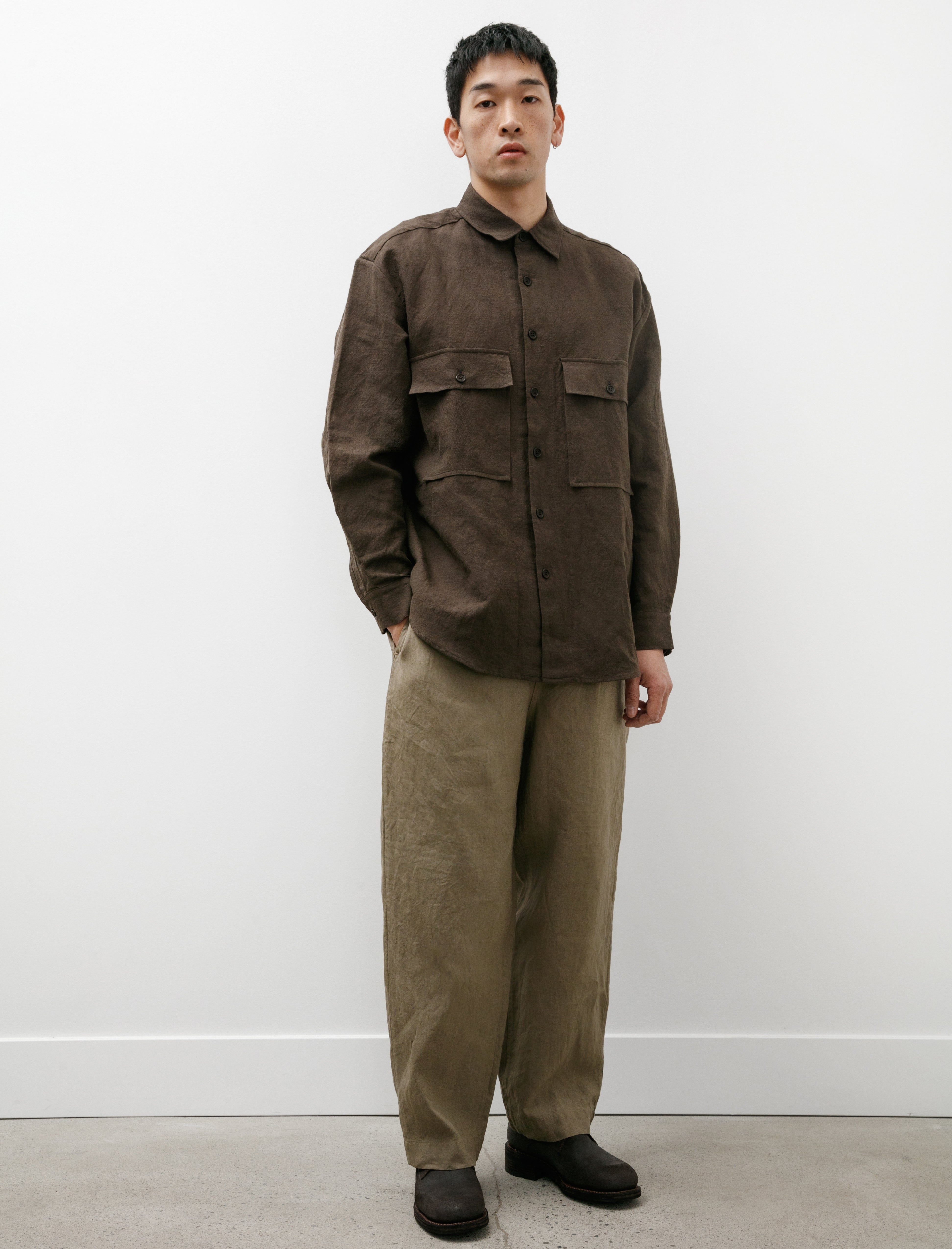 Evan Kinori Elastic Pant Tumbled Linen Dark Beige