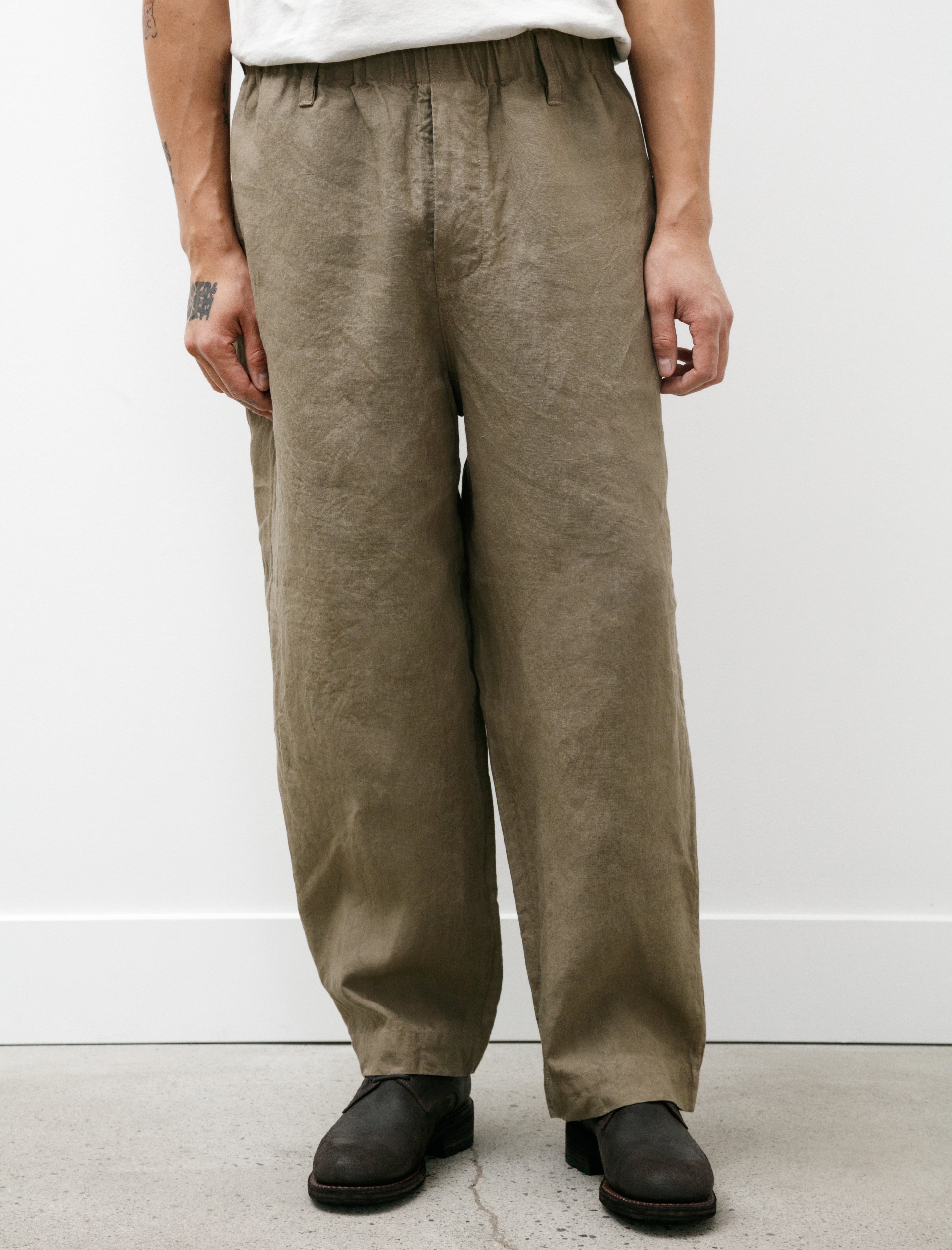 Evan Kinori Elastic Pant Tumbled Linen Dark Beige