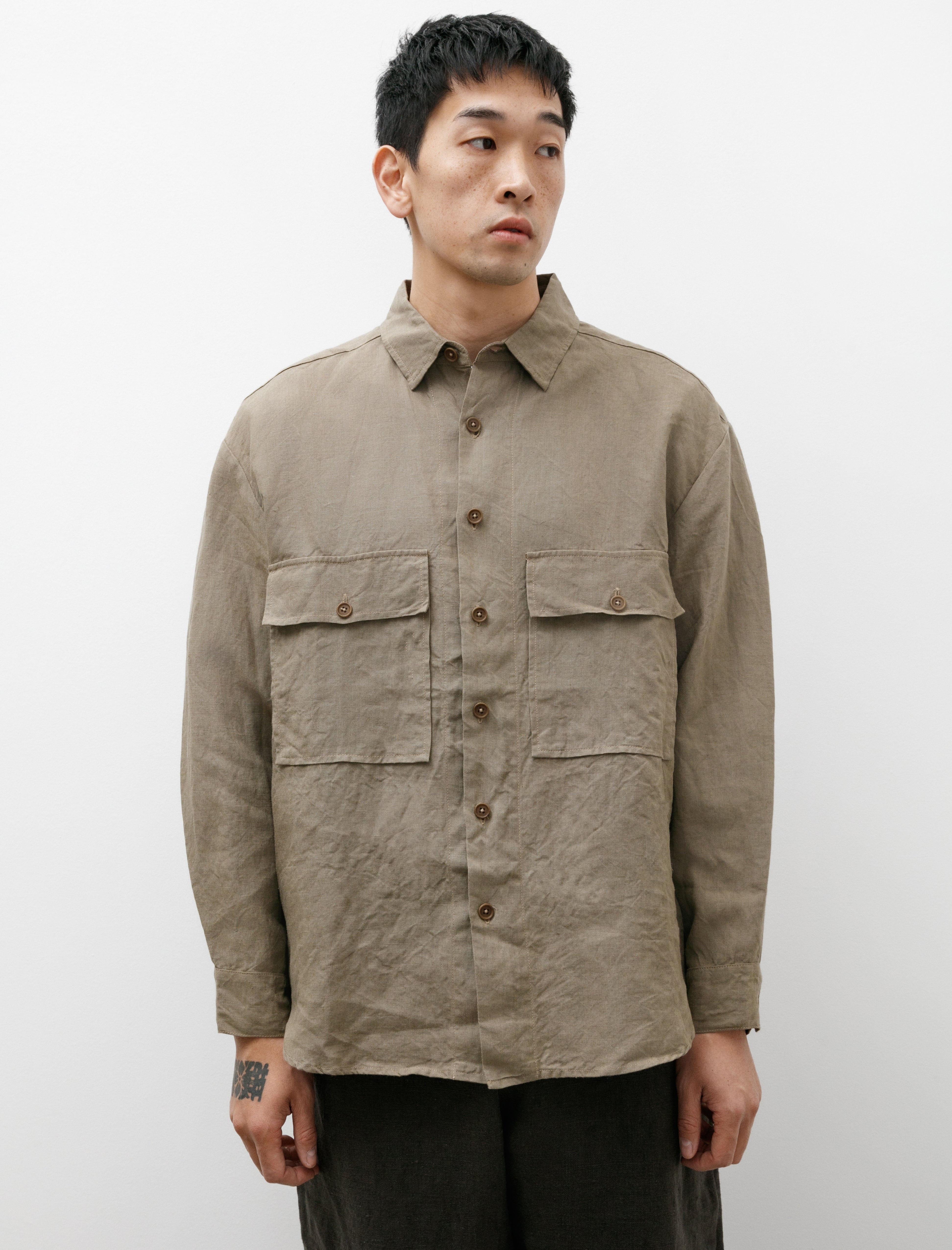 Evan Kinori Big Shirt Tumbled Linen Dark Beige