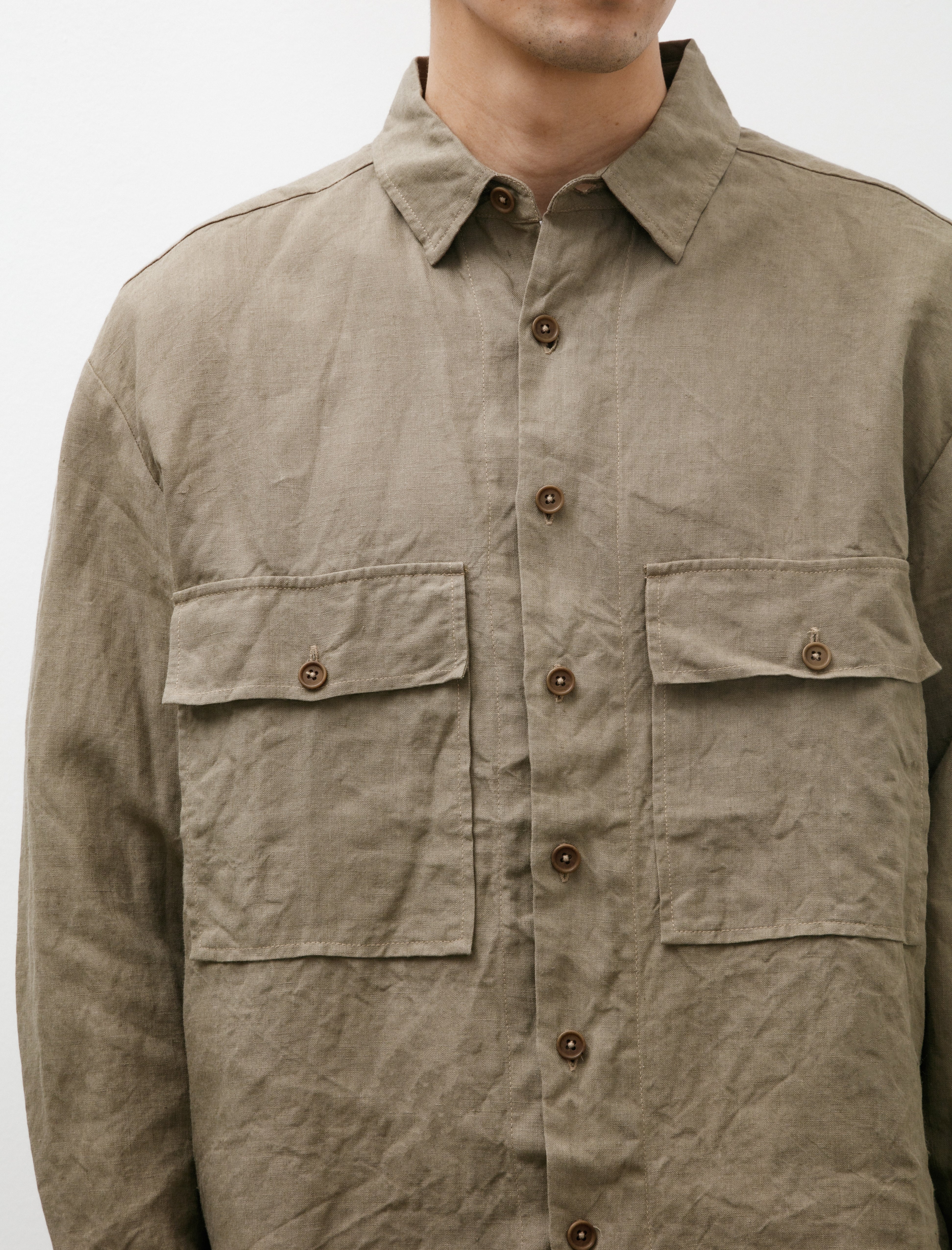 Evan Kinori Big Shirt Tumbled Linen Dark Beige