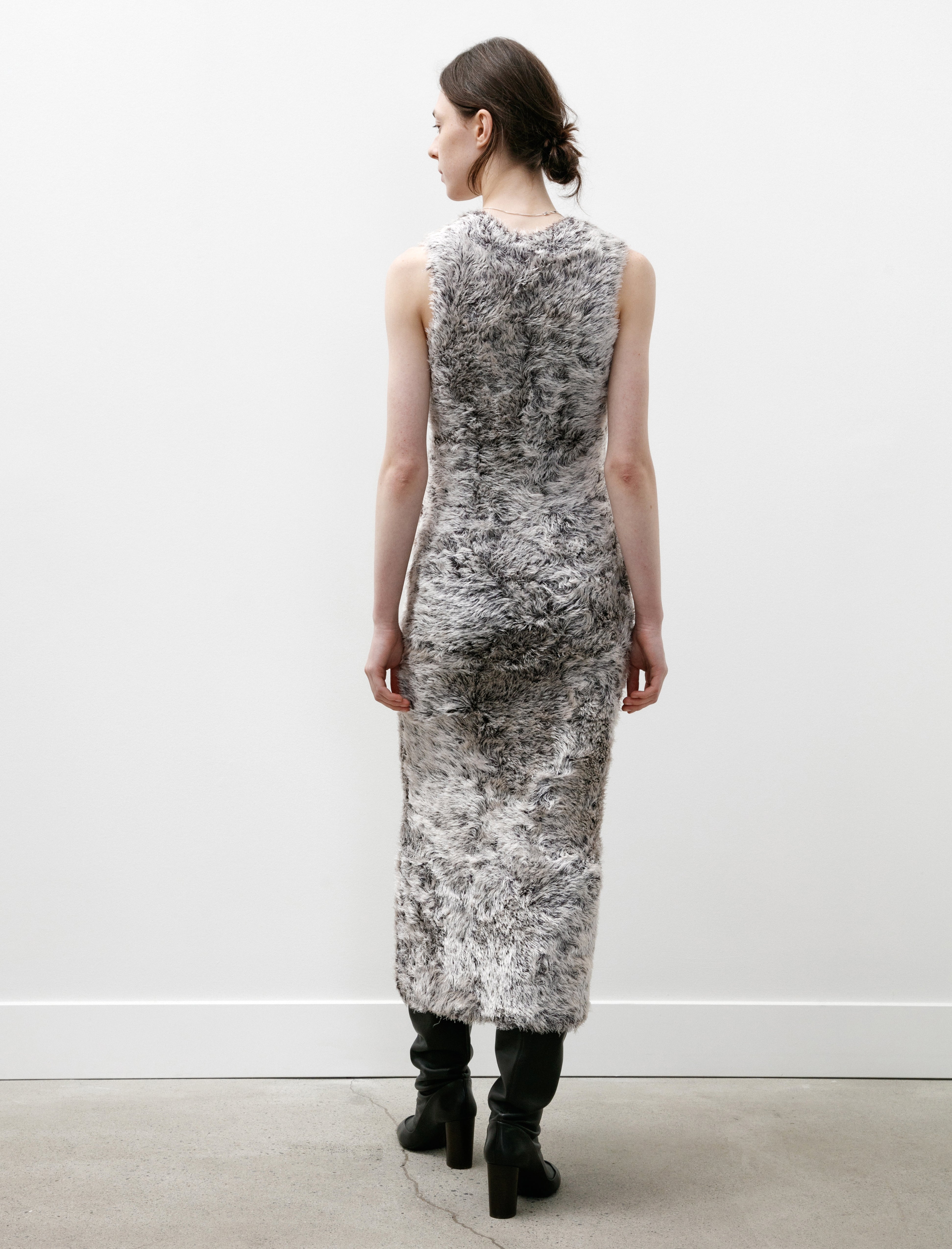 Kanako Sakai Silk Fur V-Neck Dress White/Black