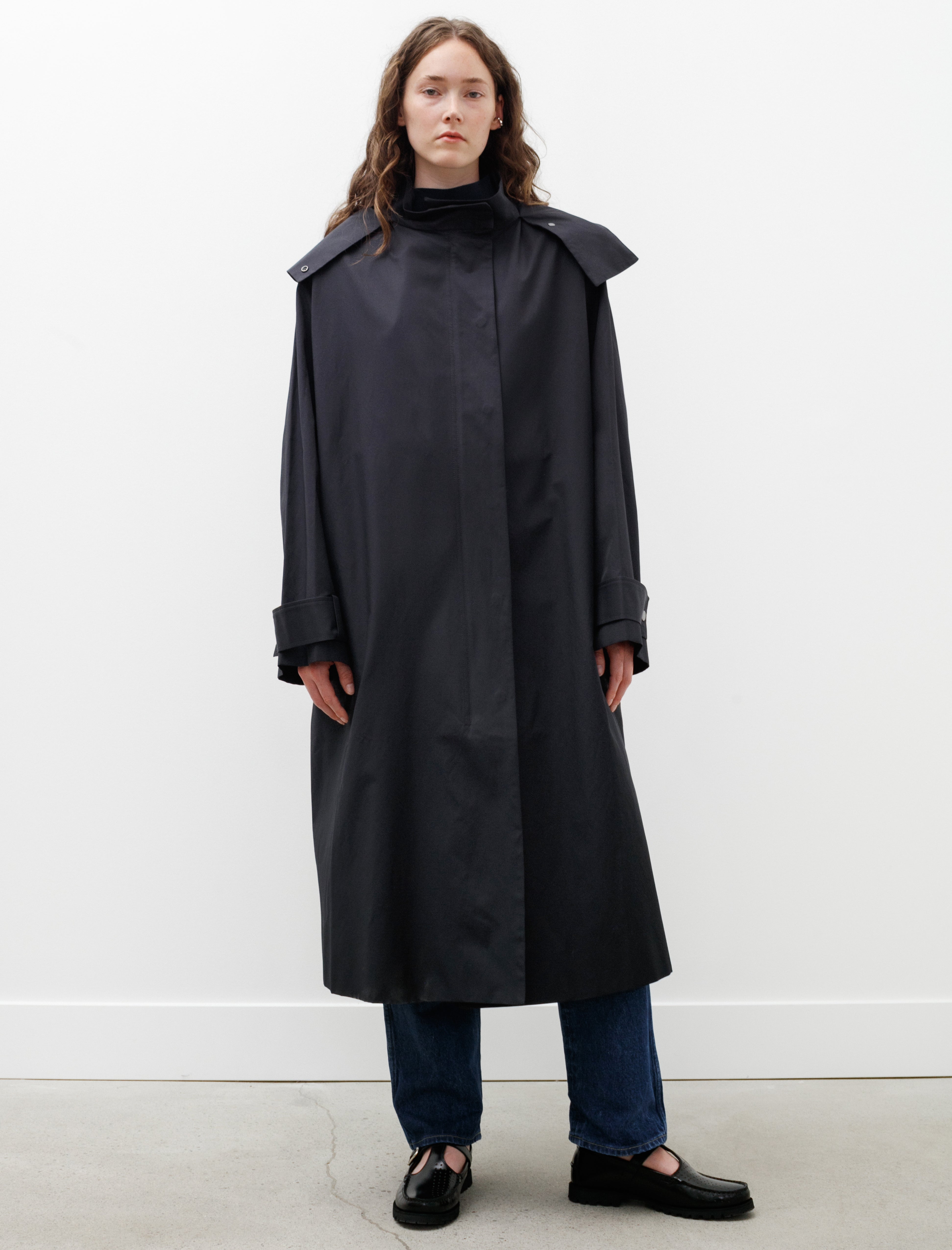 Studio Nicholson Tana Showerproof Coated Cotton Coat Darkest Navy