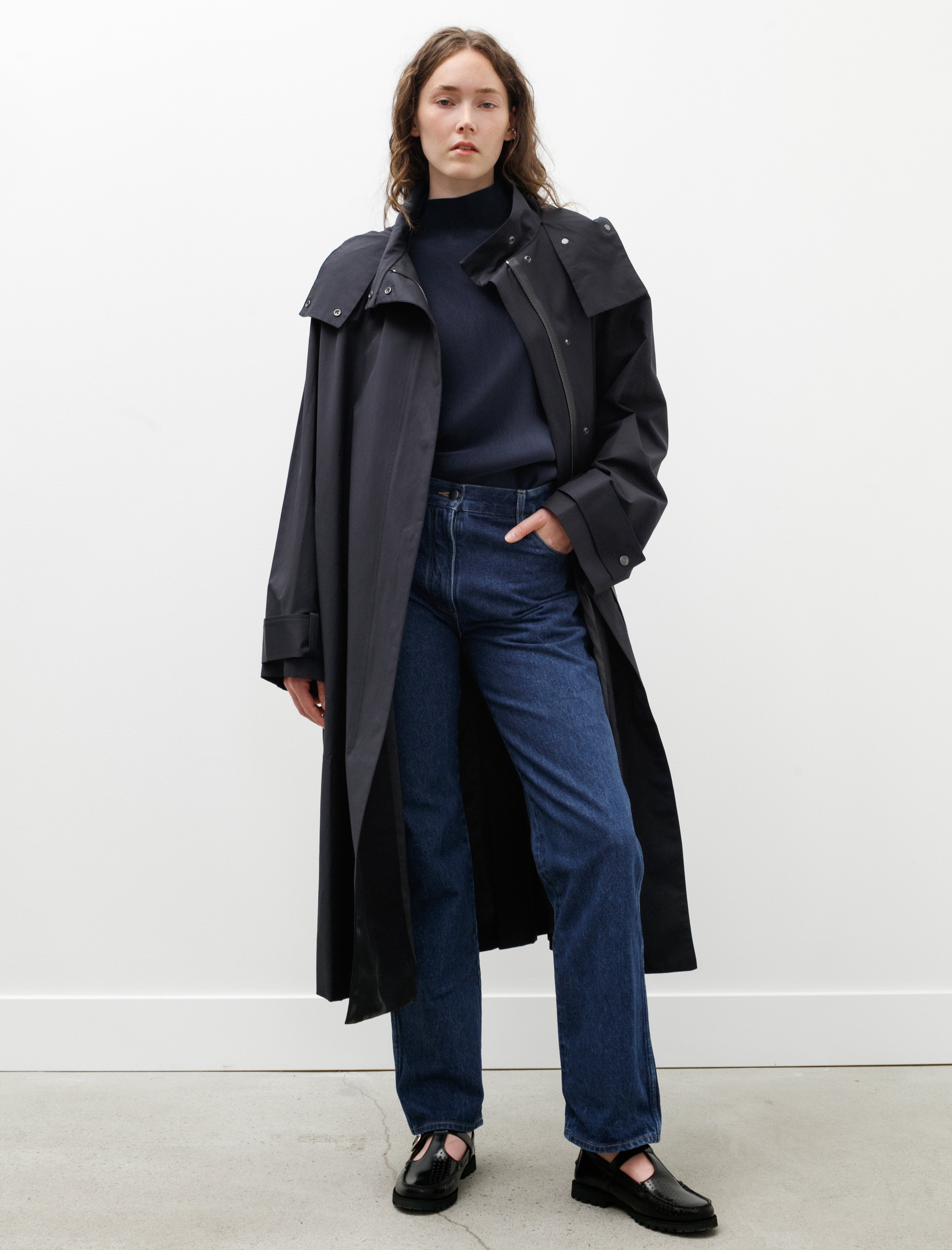 Studio Nicholson Tana Showerproof Coated Cotton Coat Darkest Navy