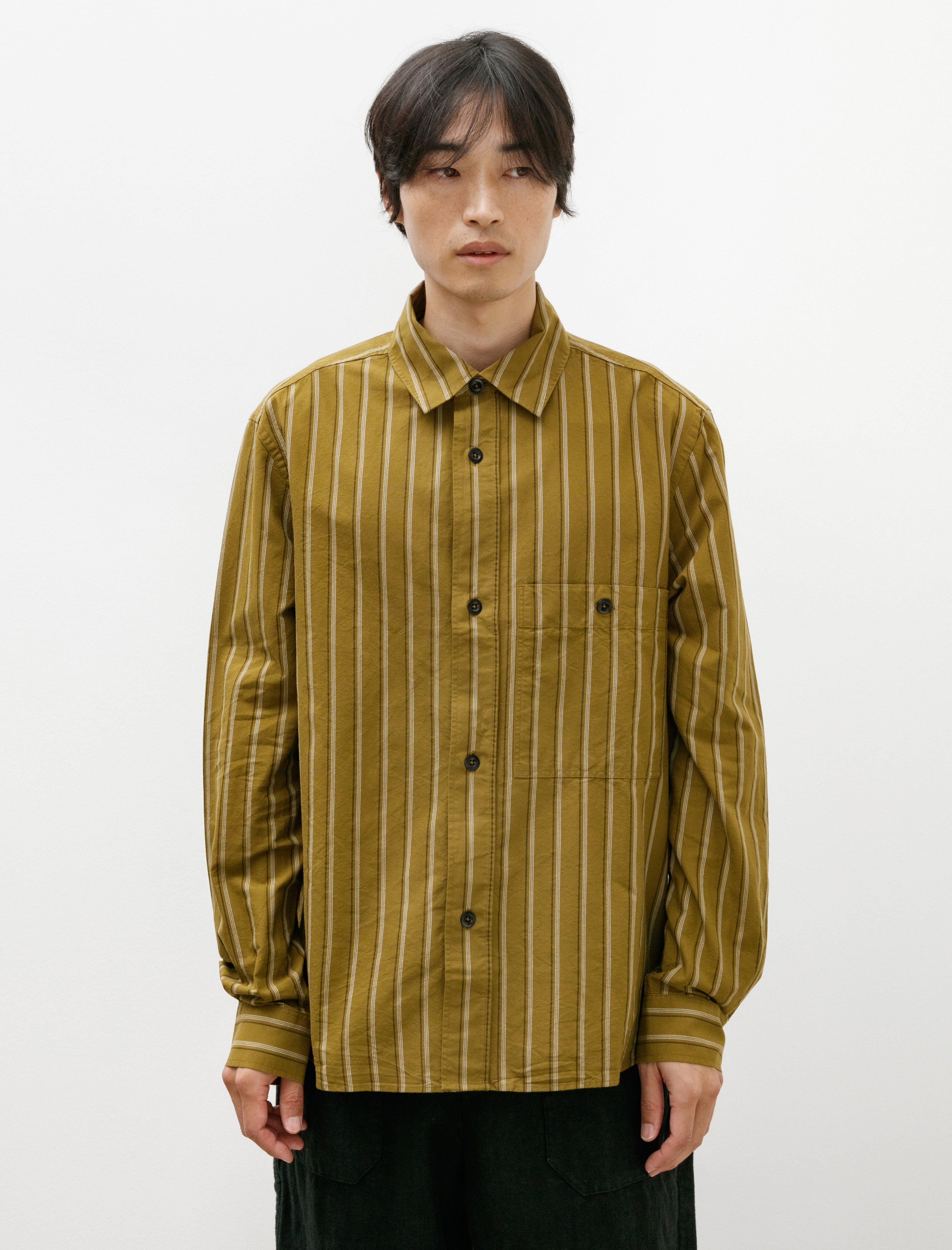 Margaret Howell MHL Overall Shirt Offset Cotton Stripe Olive/Off White