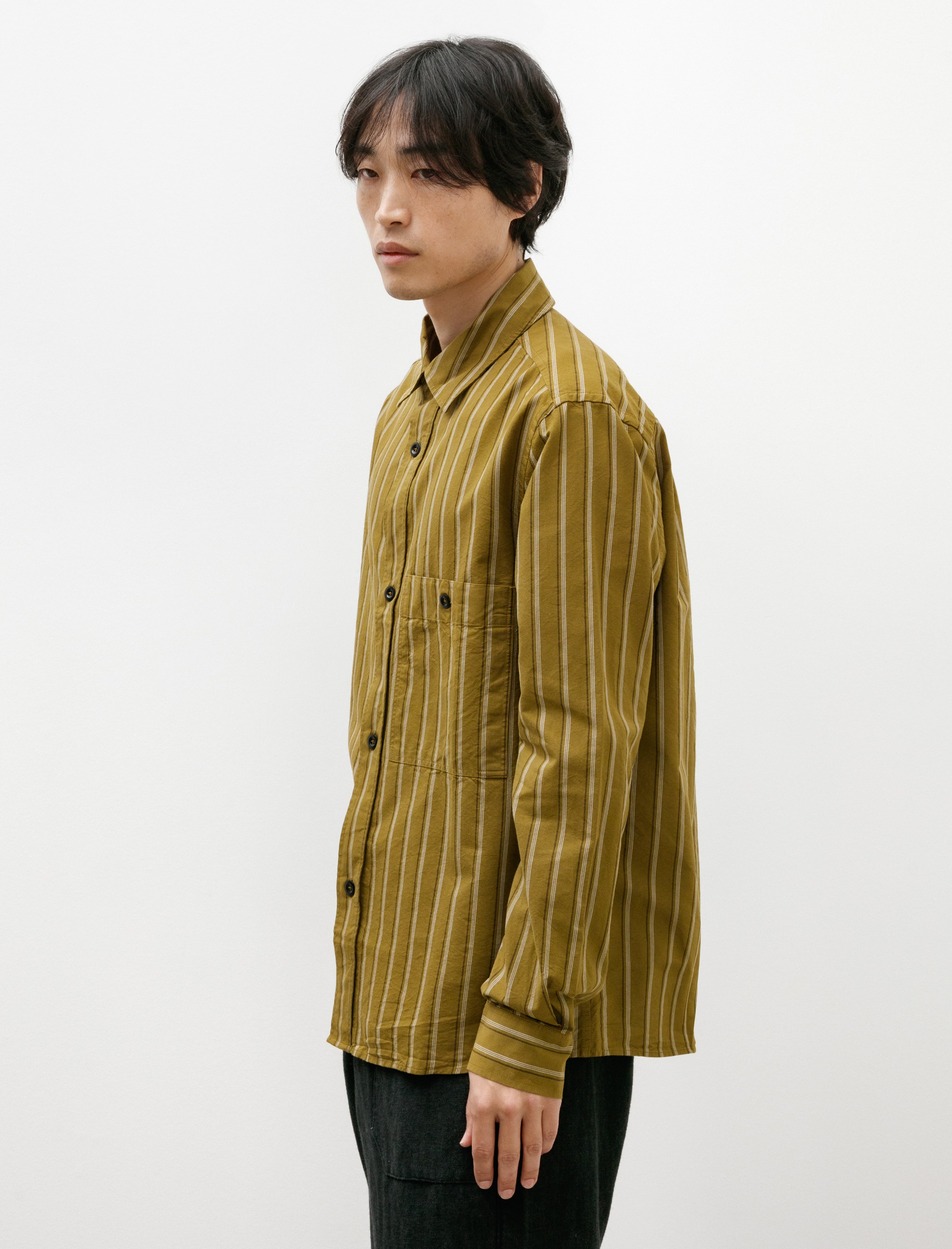 Margaret Howell MHL Overall Shirt Offset Cotton Stripe Olive/Off White