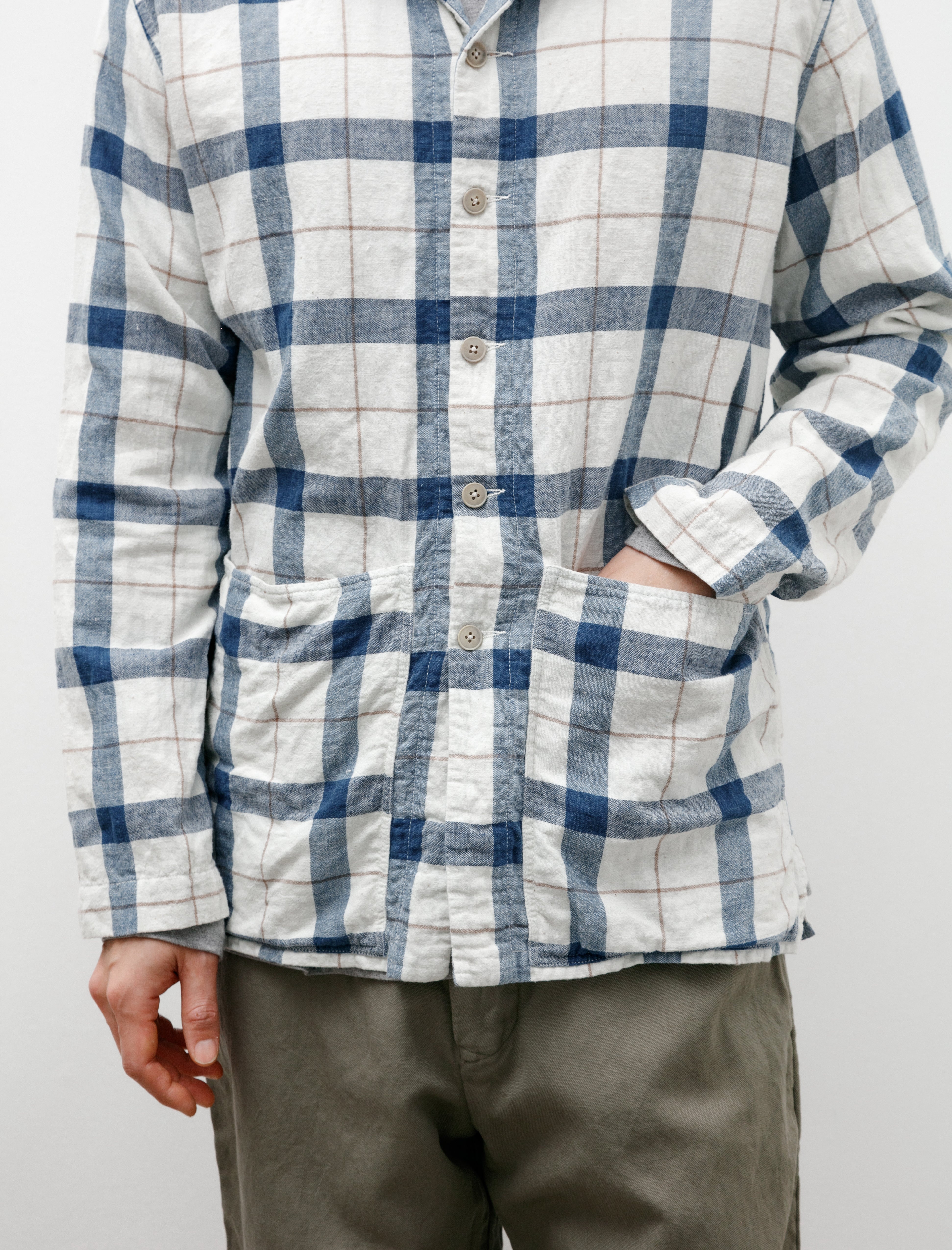 Oliver Church Industrial Pocket Shirt Handwoven Cotton Indigo and Tea Check