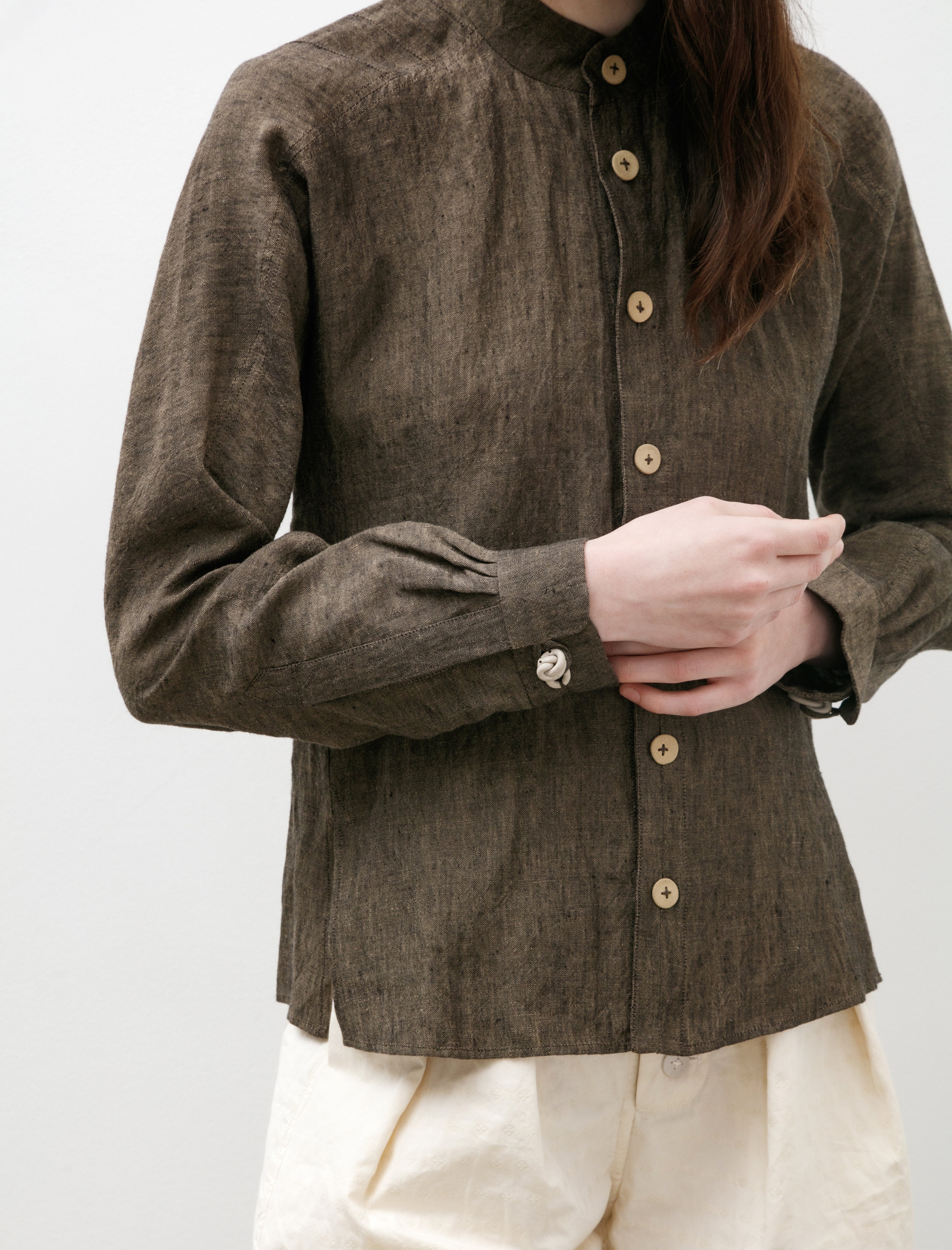 seventyfive Mandarin Collar Shirt Walnut Linen