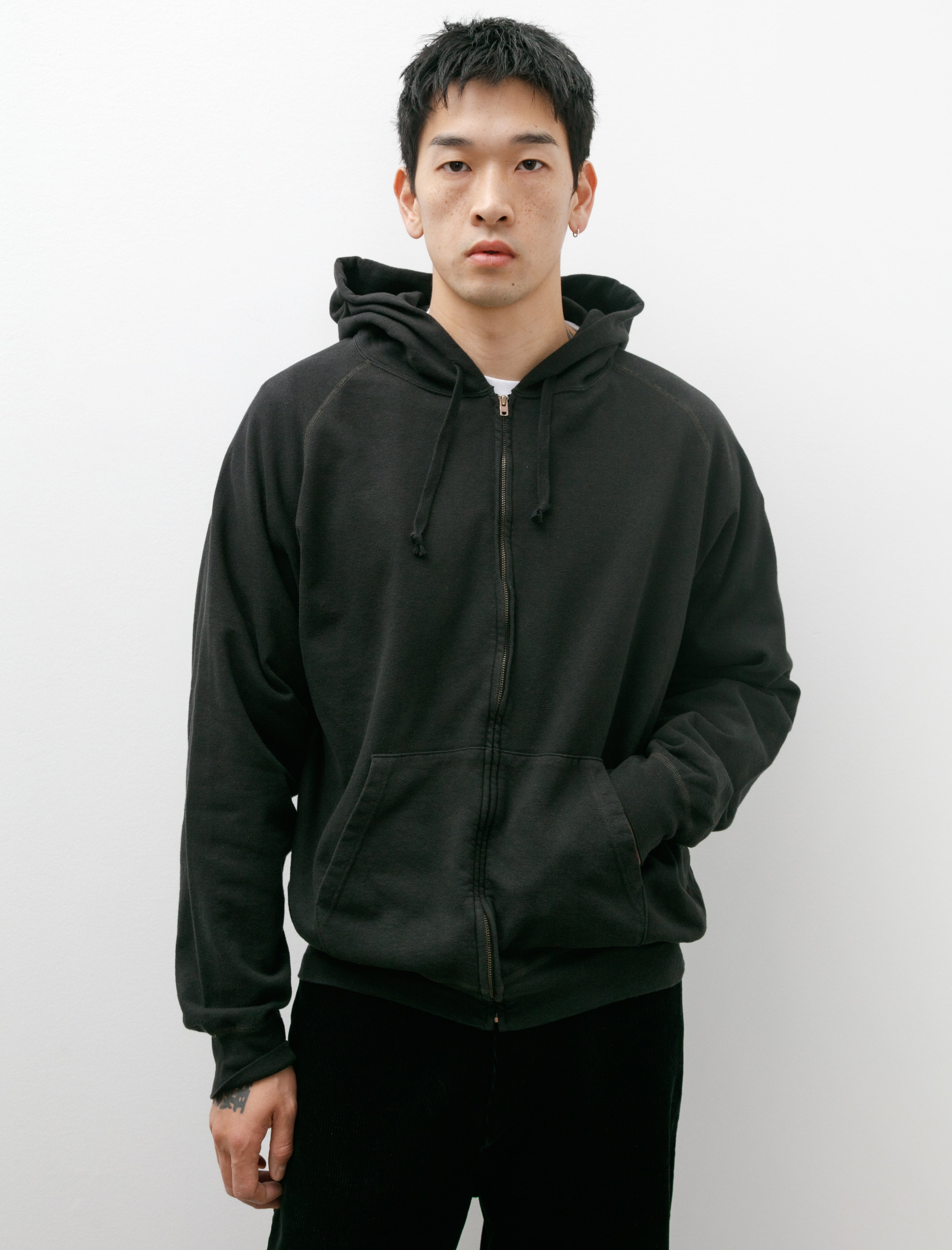 Comoli Garment Dyed Sweat Zip Parka Ink Black