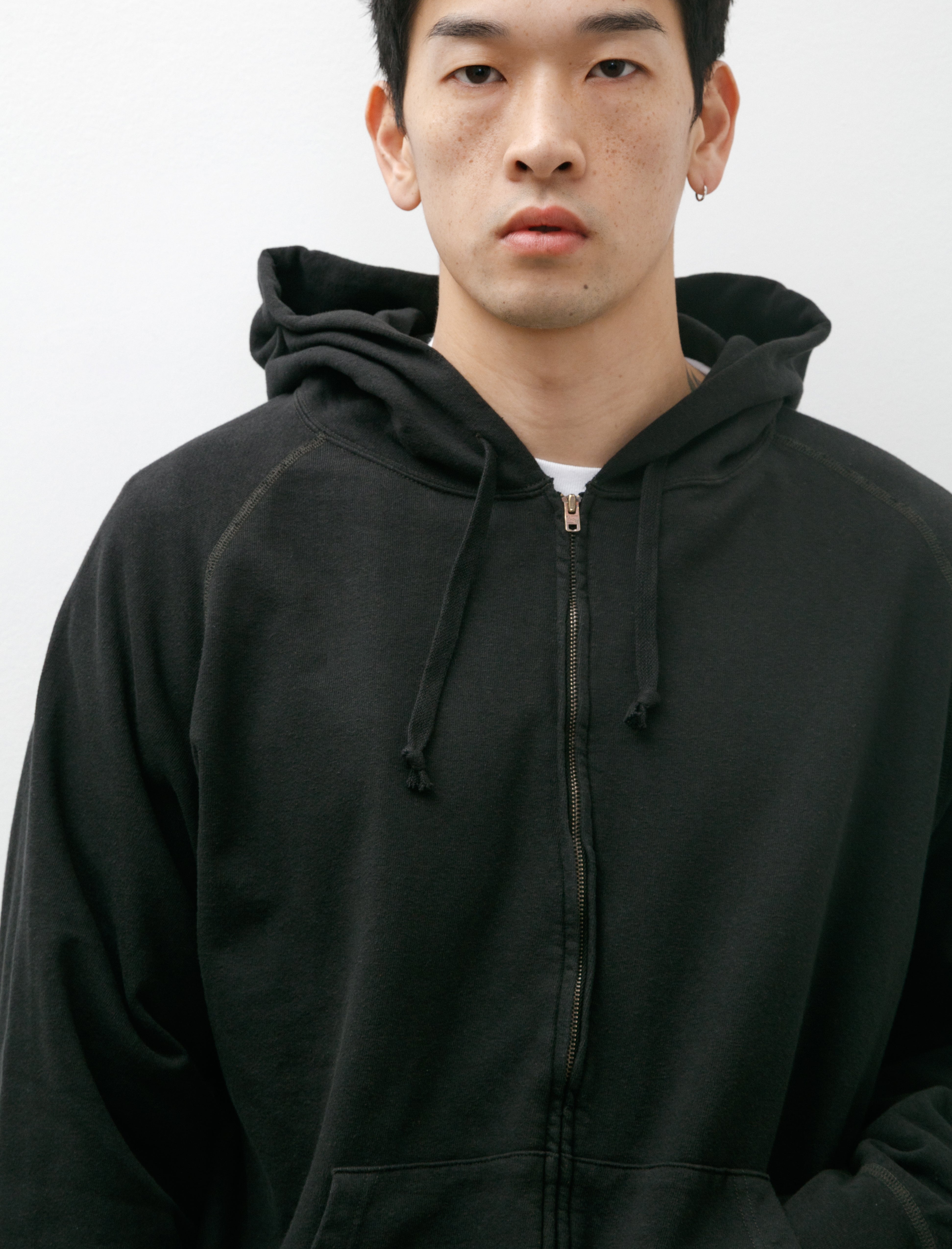 Comoli Garment Dyed Sweat Zip Parka Ink Black