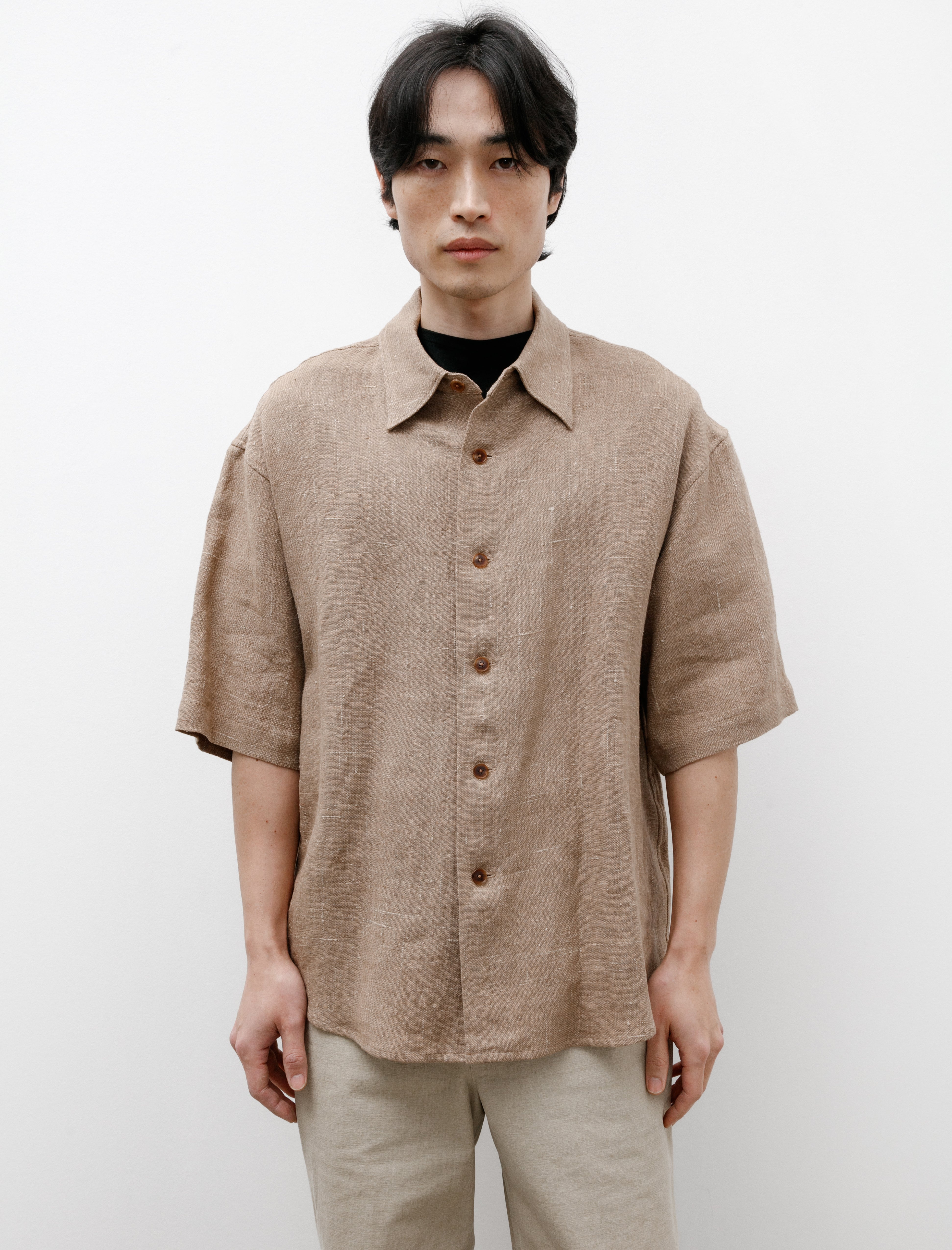 Auralee Linen Silk Tweed Half Sleeve Shirt Brown