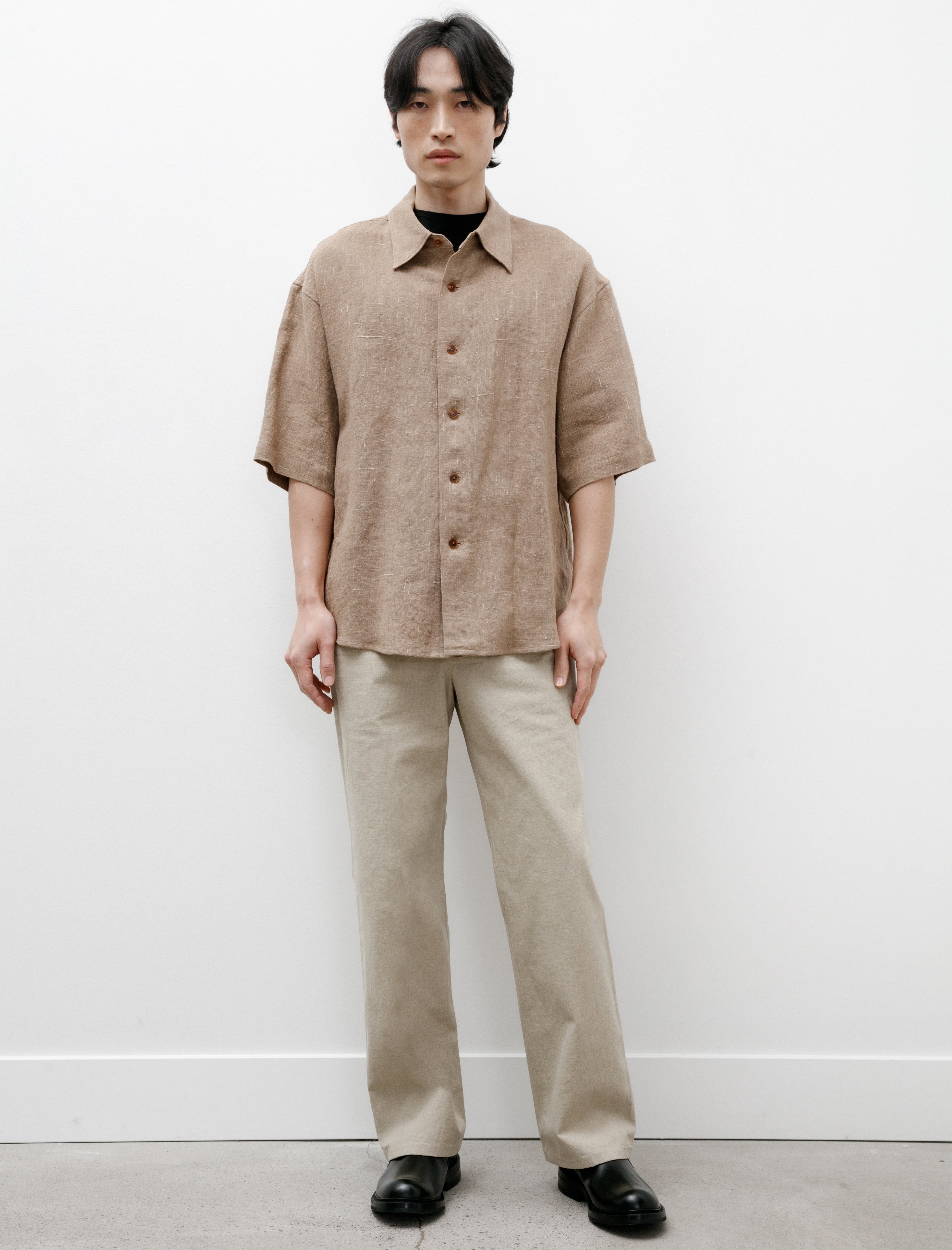 Auralee Linen Silk Tweed Half Sleeve Shirt Brown