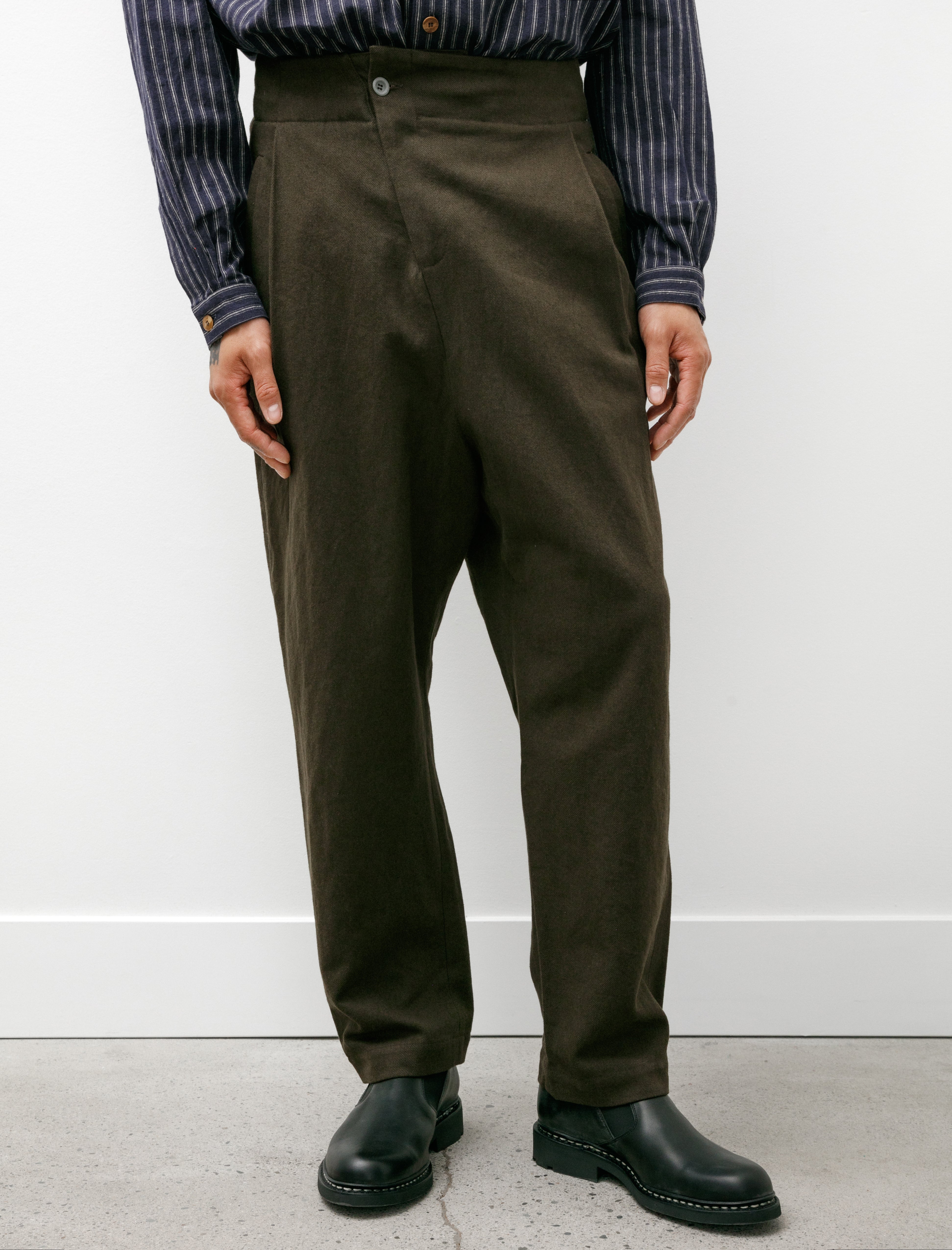 Frank Leder Pleated Trousers Flax Cotton Brown Green