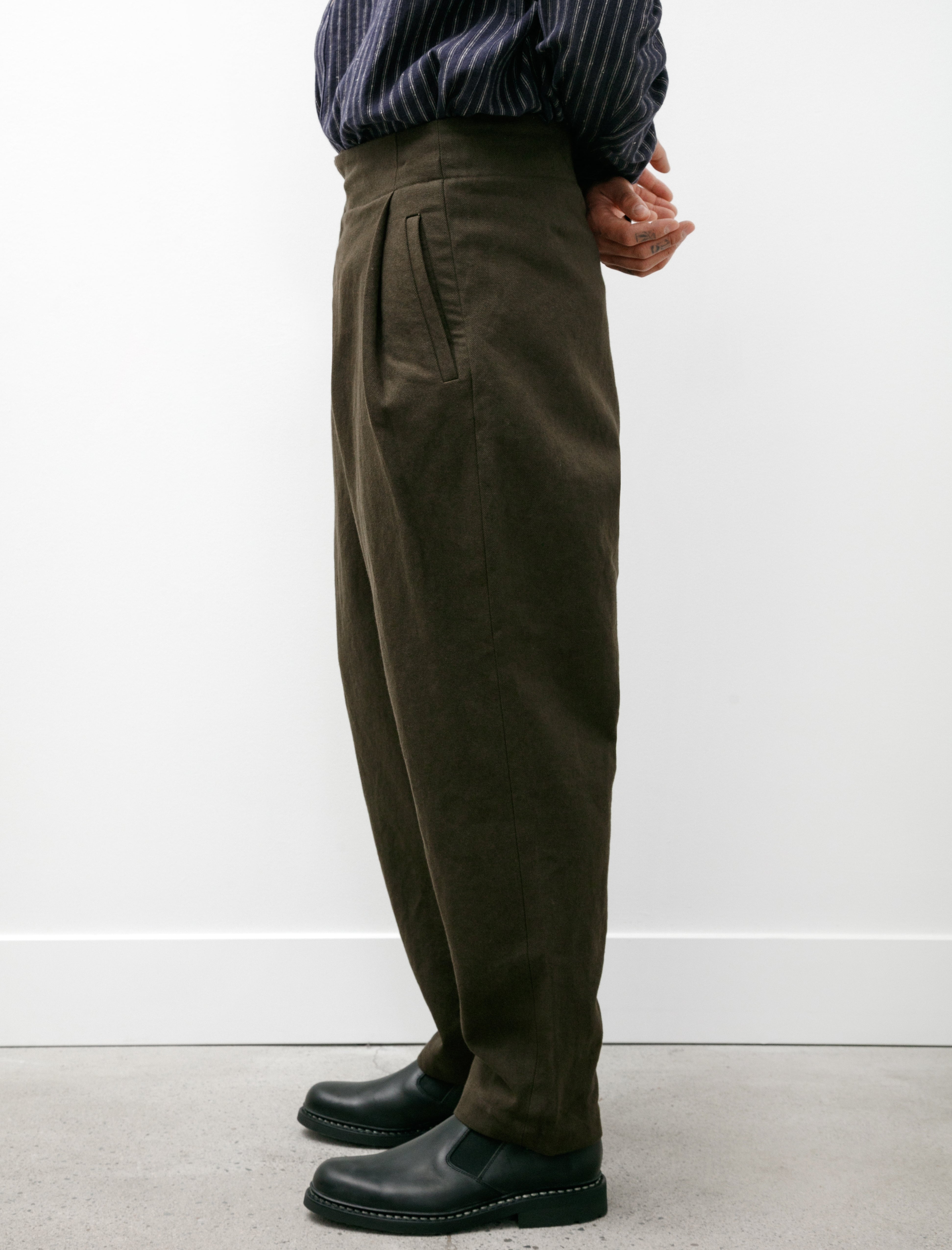 Frank Leder Pleated Trousers Flax Cotton Brown Green