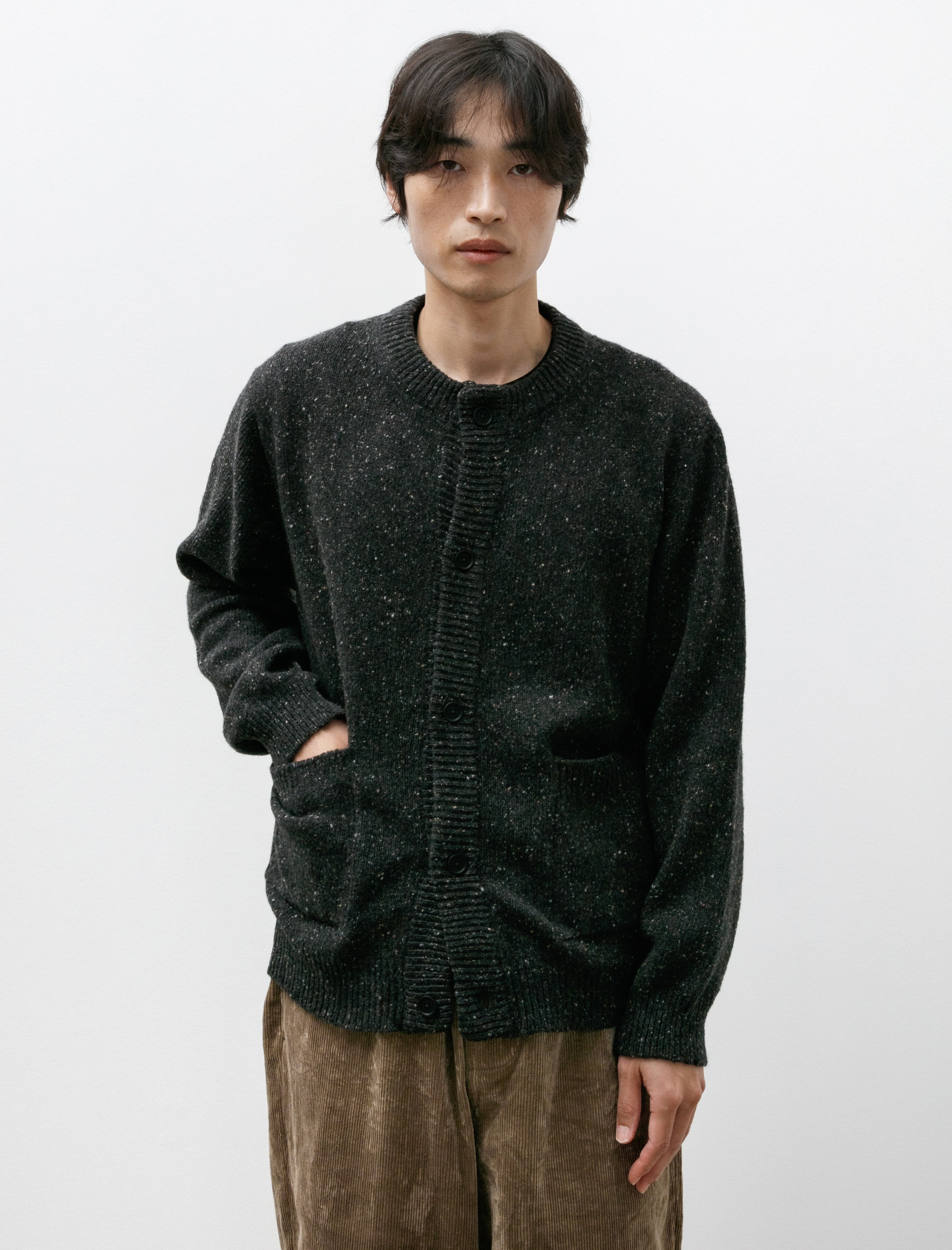 Evan Kinori Crewneck Cardigan Recycled Cashmere Wool Charcoal Donegal