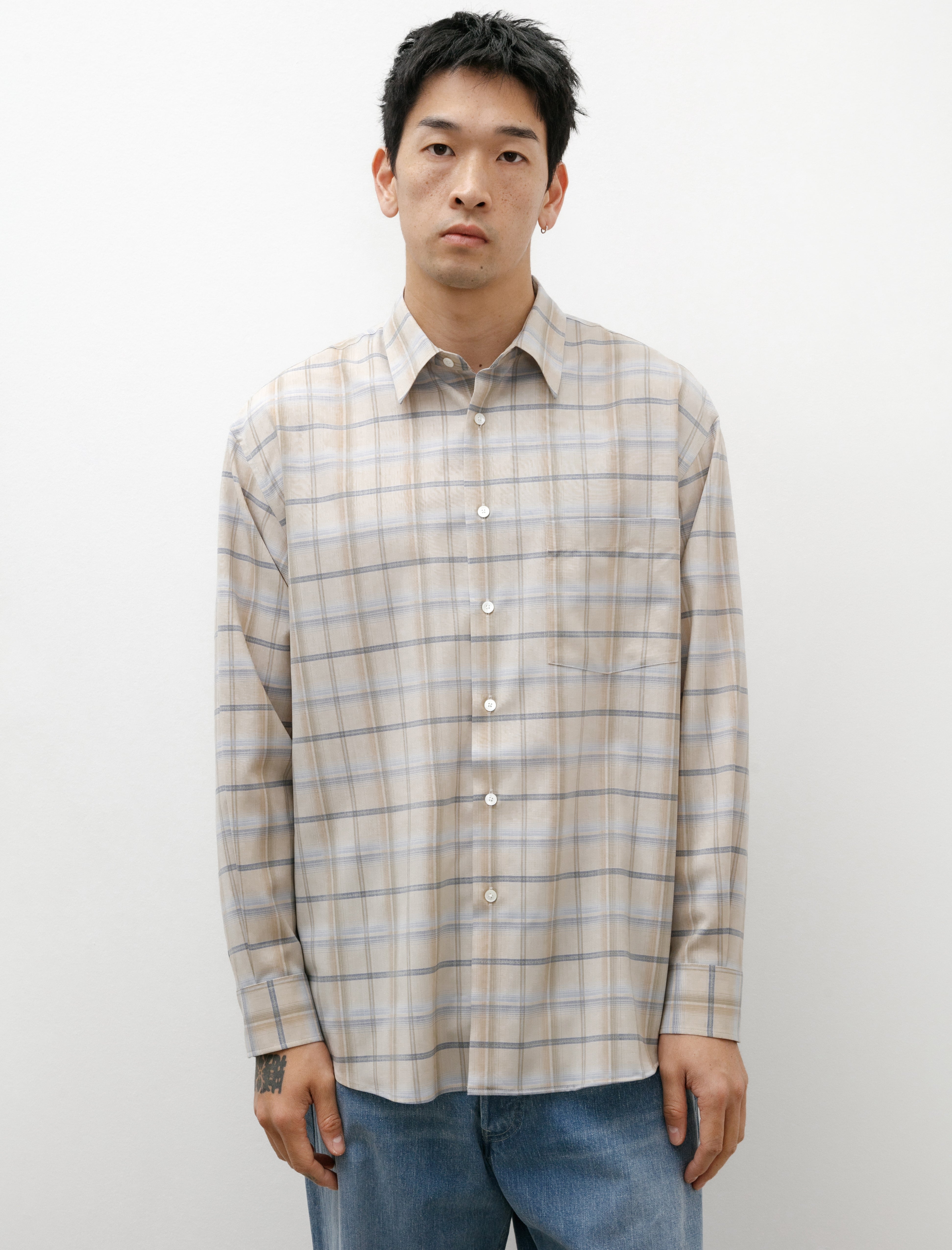 Auralee Super Light Wool Check Shirt Light Beige Check