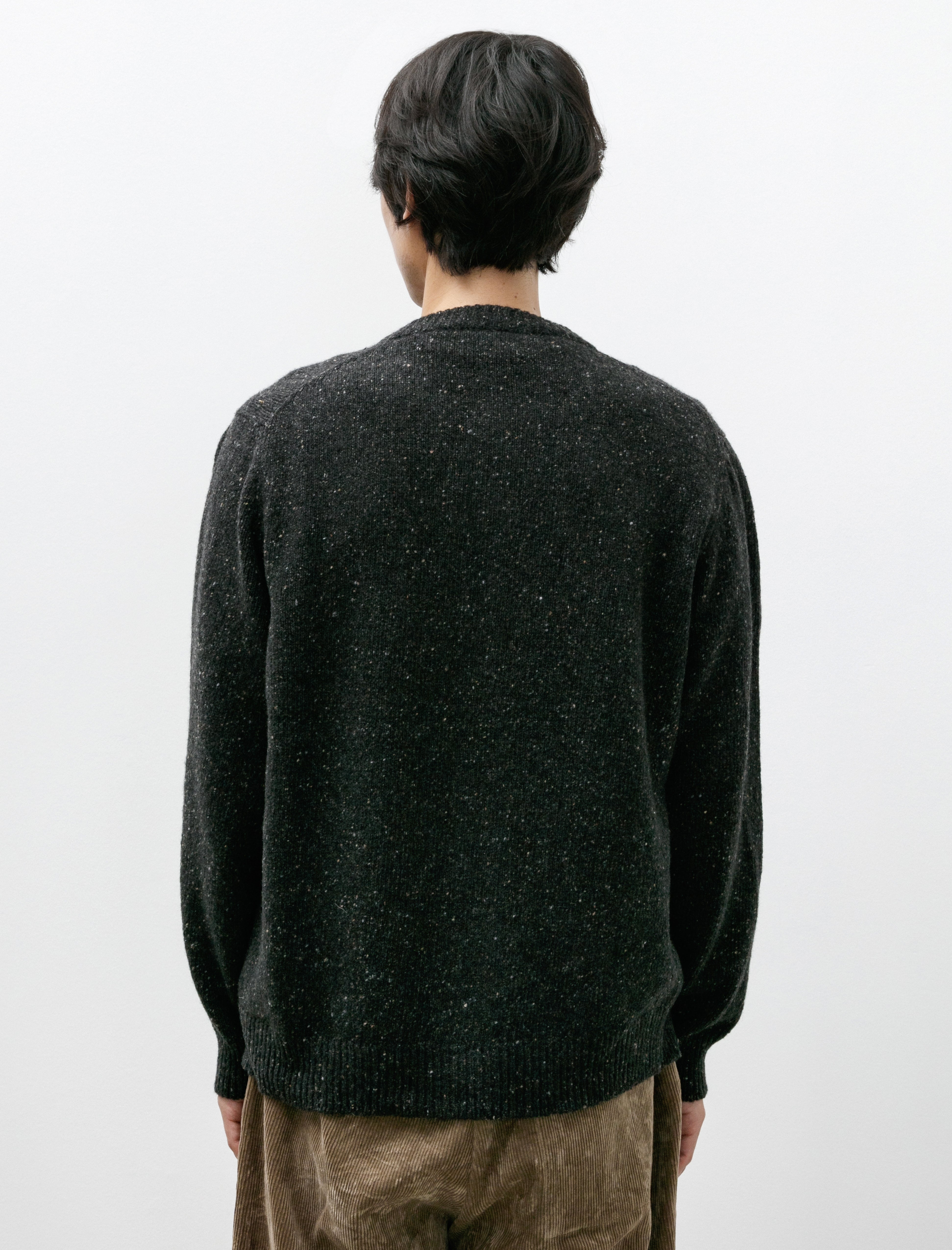 Evan Kinori Crewneck Cardigan Recycled Cashmere Wool Charcoal Donegal