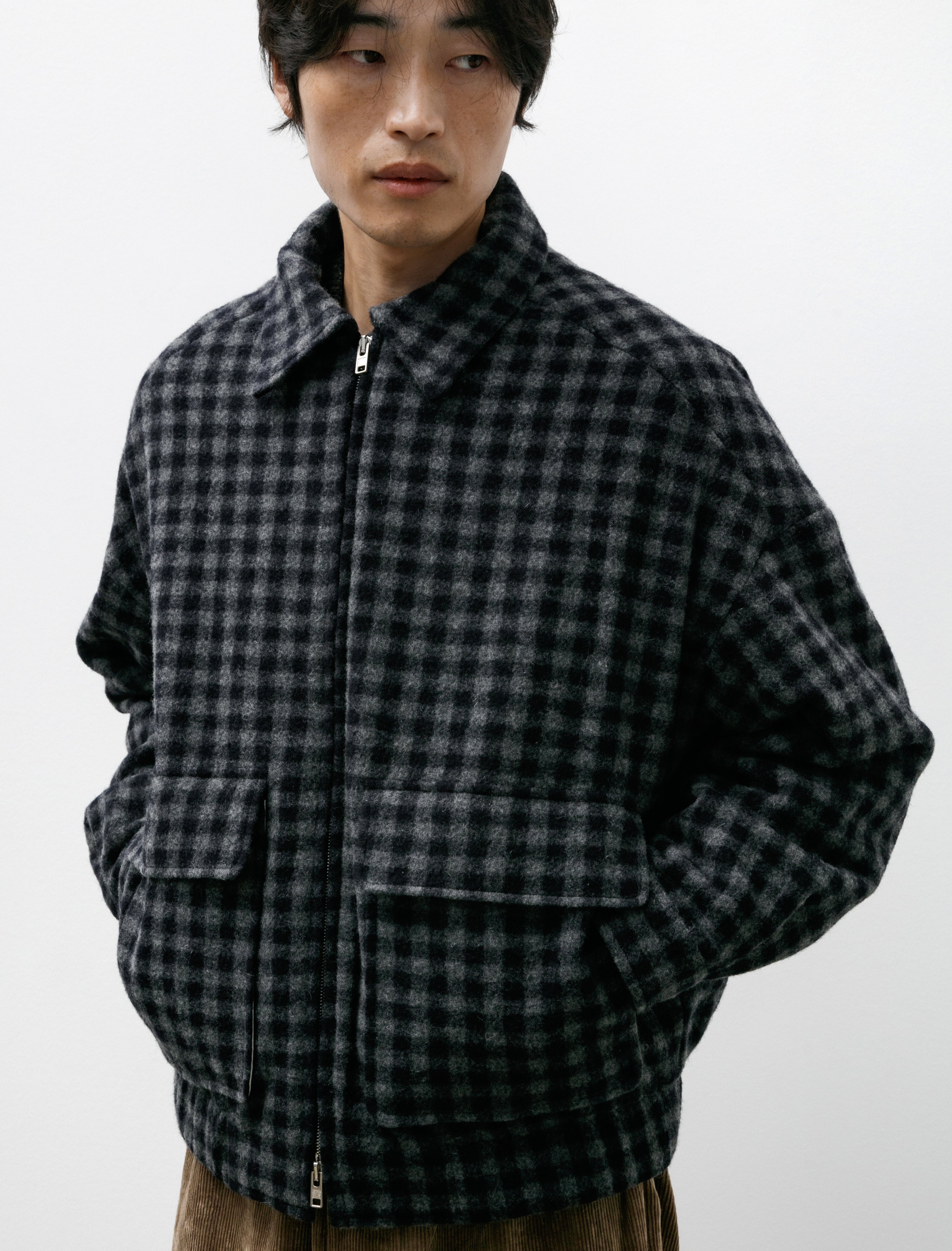 Evan Kinori Zip Jacket Two Brushed Cashmere Wool Check Navy/Grey