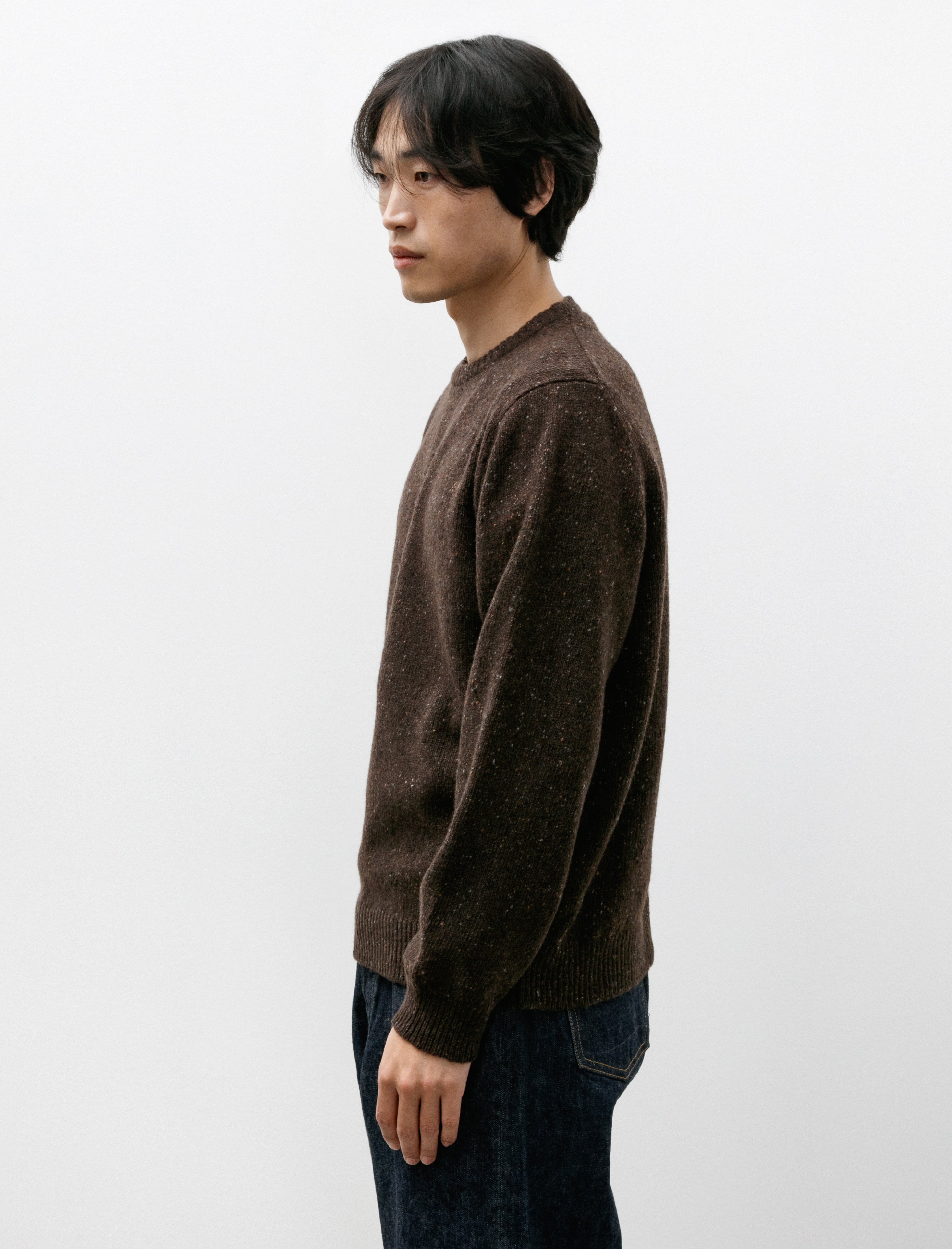 Evan Kinori Crewneck Sweater Recycled Cashmere Wool Brown Donegal