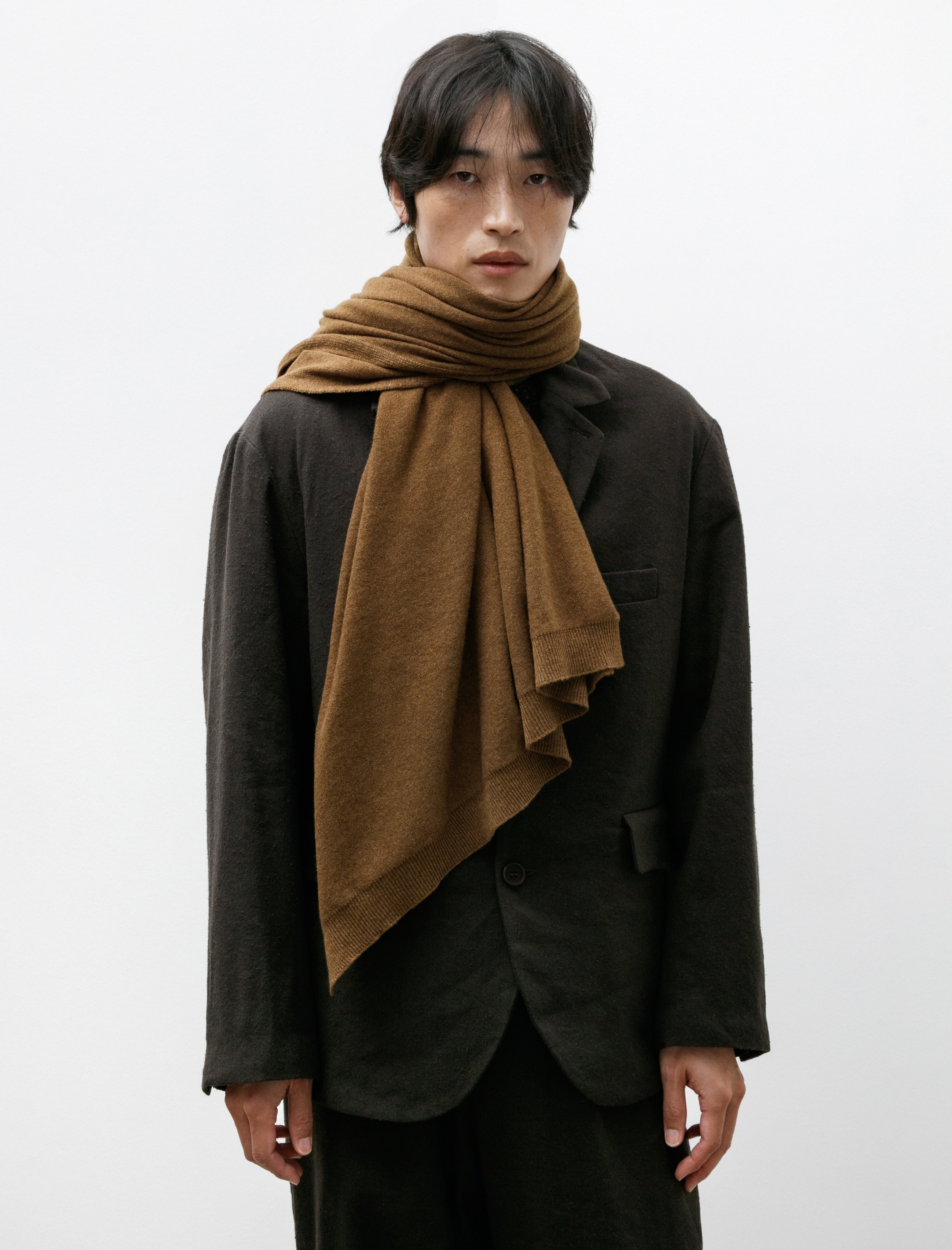 Evan Kinori Knit Shawl Cashmere Lambswool Dark Ochre