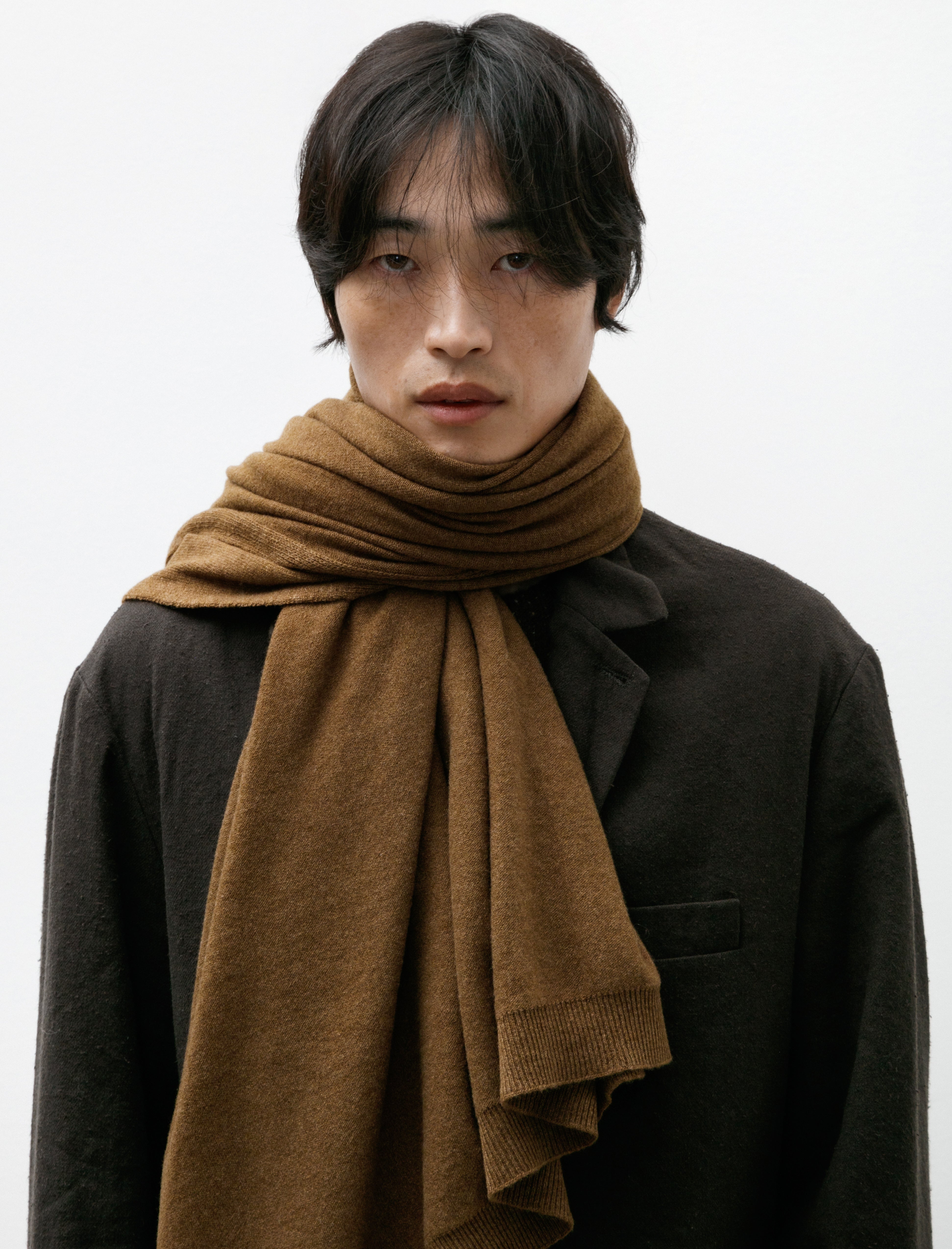 Evan Kinori Knit Shawl Cashmere Lambswool Dark Ochre