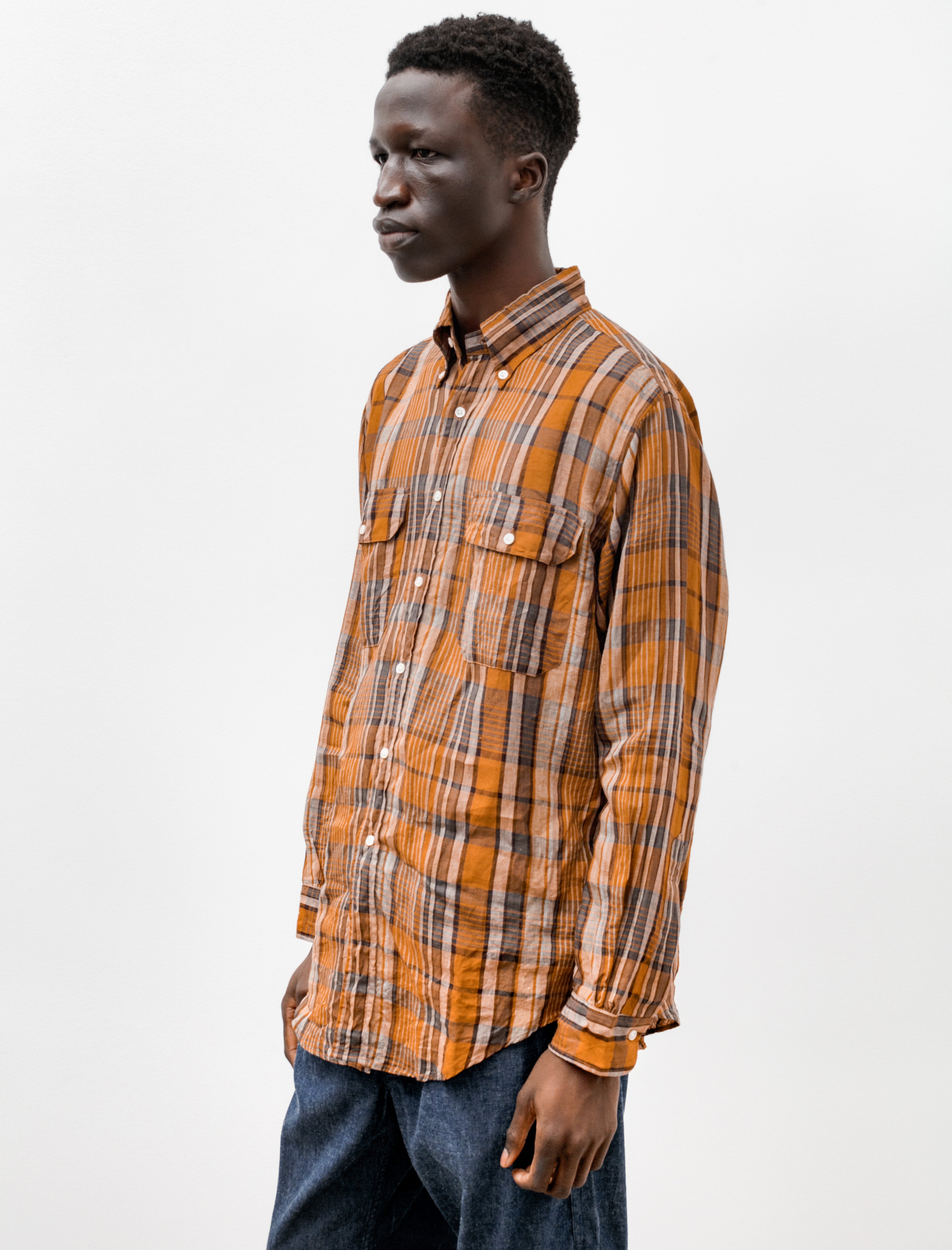 orSlow Linen Button Down Safari Shirt Orange Check